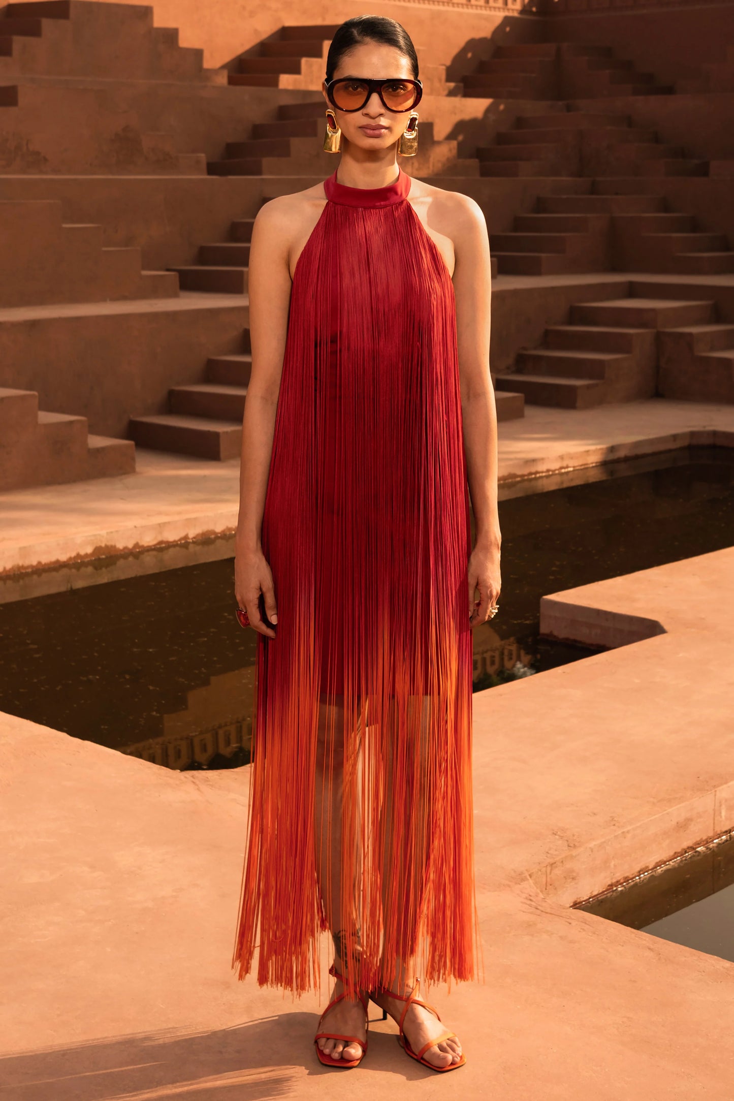 Alessia Orange Ombre Fringe High-Neck Maxi Dress