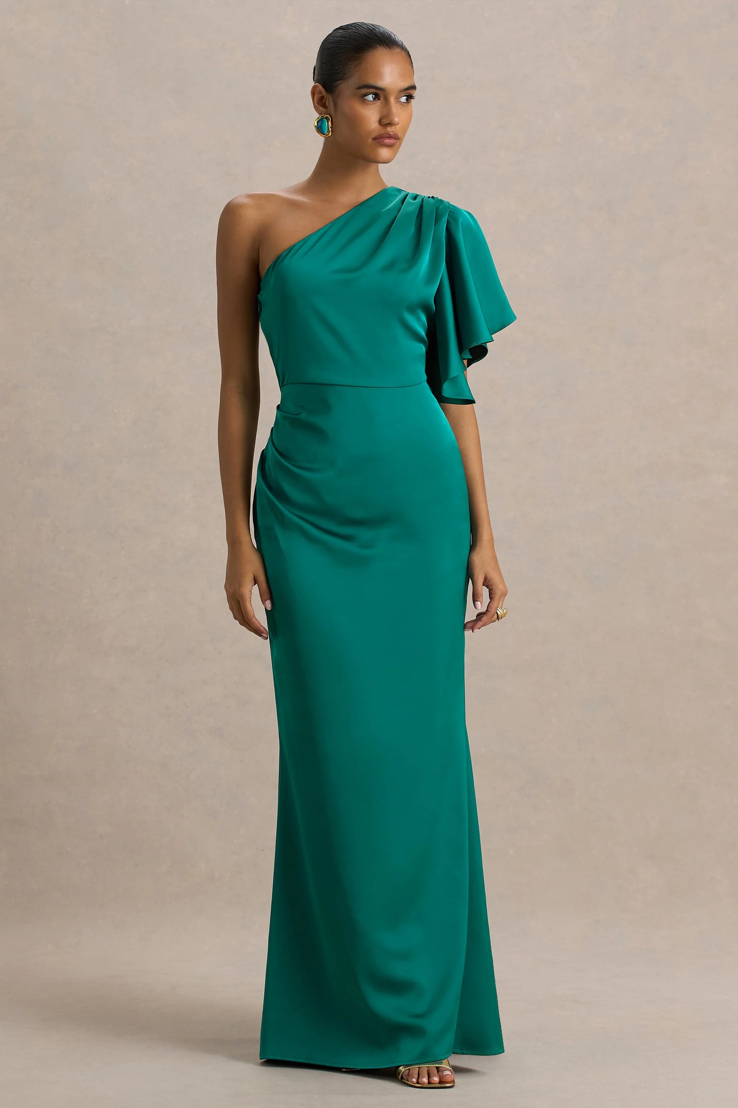 Unforgettable Bottle Green Asymmetric-Neck Maxi Dress With Ruffled Detailing