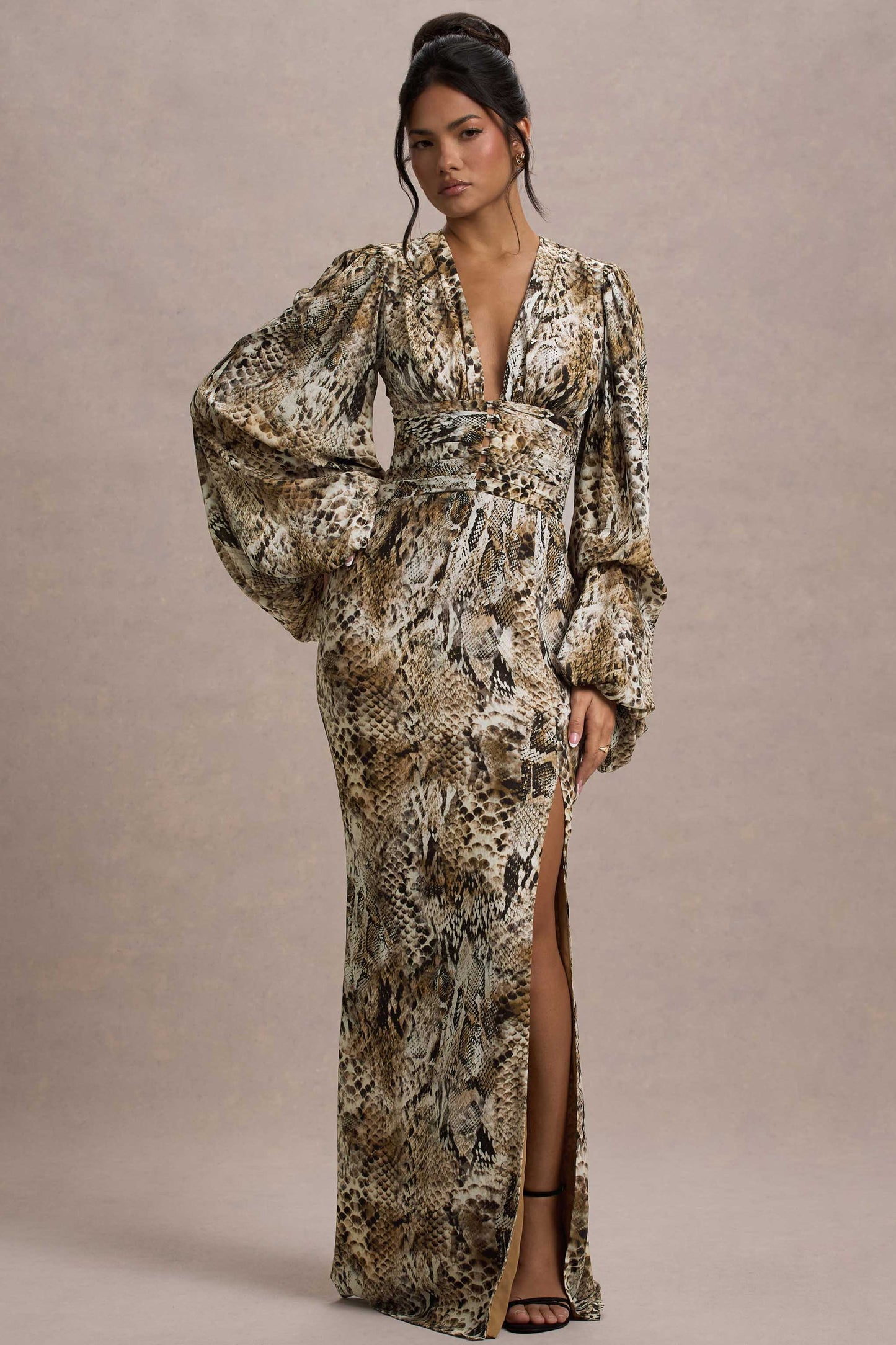 Casarile Snake Print V-Neck Balloon Sleeve Maxi Dress