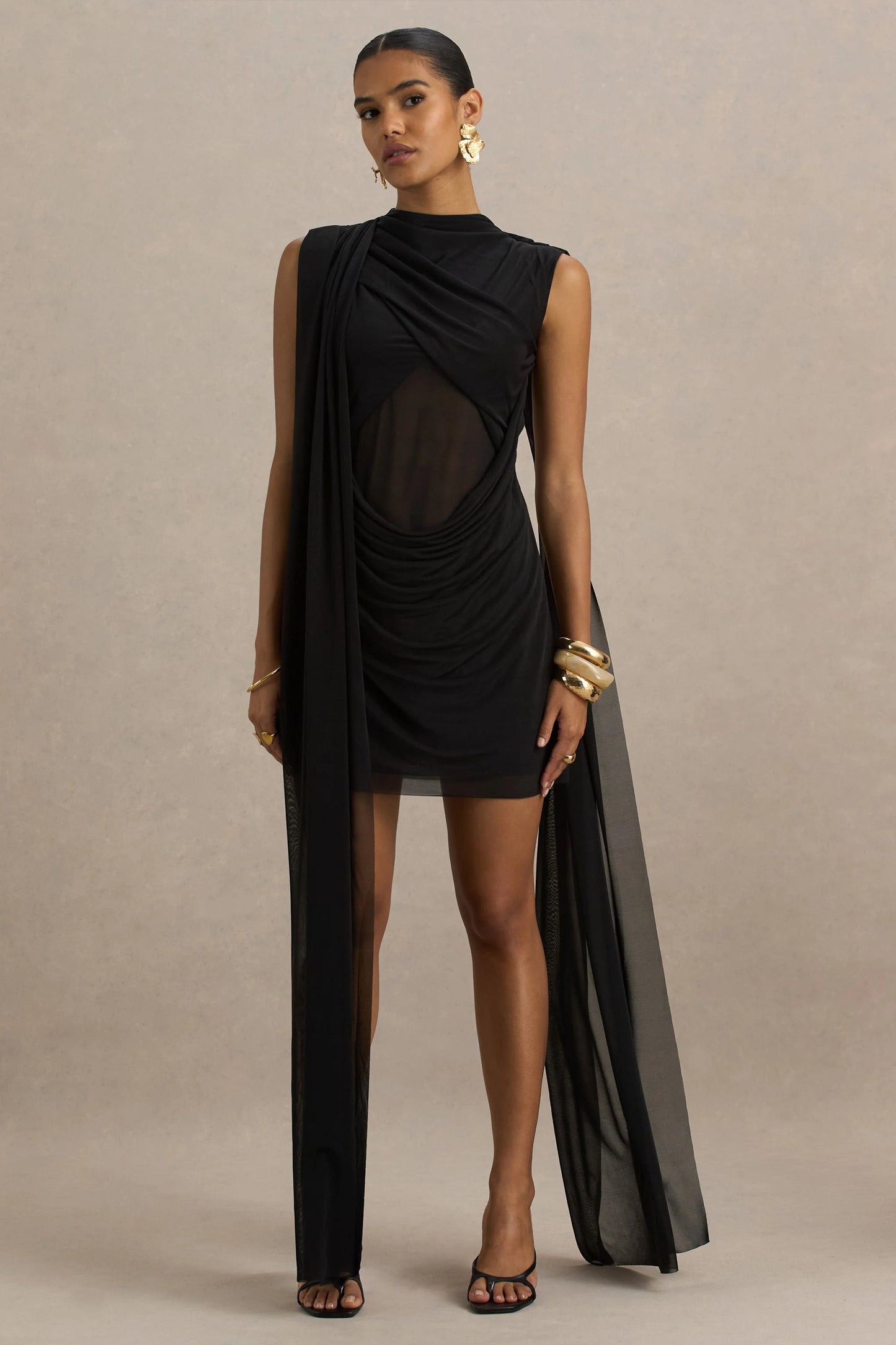 Riad Black Chiffon Mini Dress With Sheer Bodice Two-Sleeve Cape
