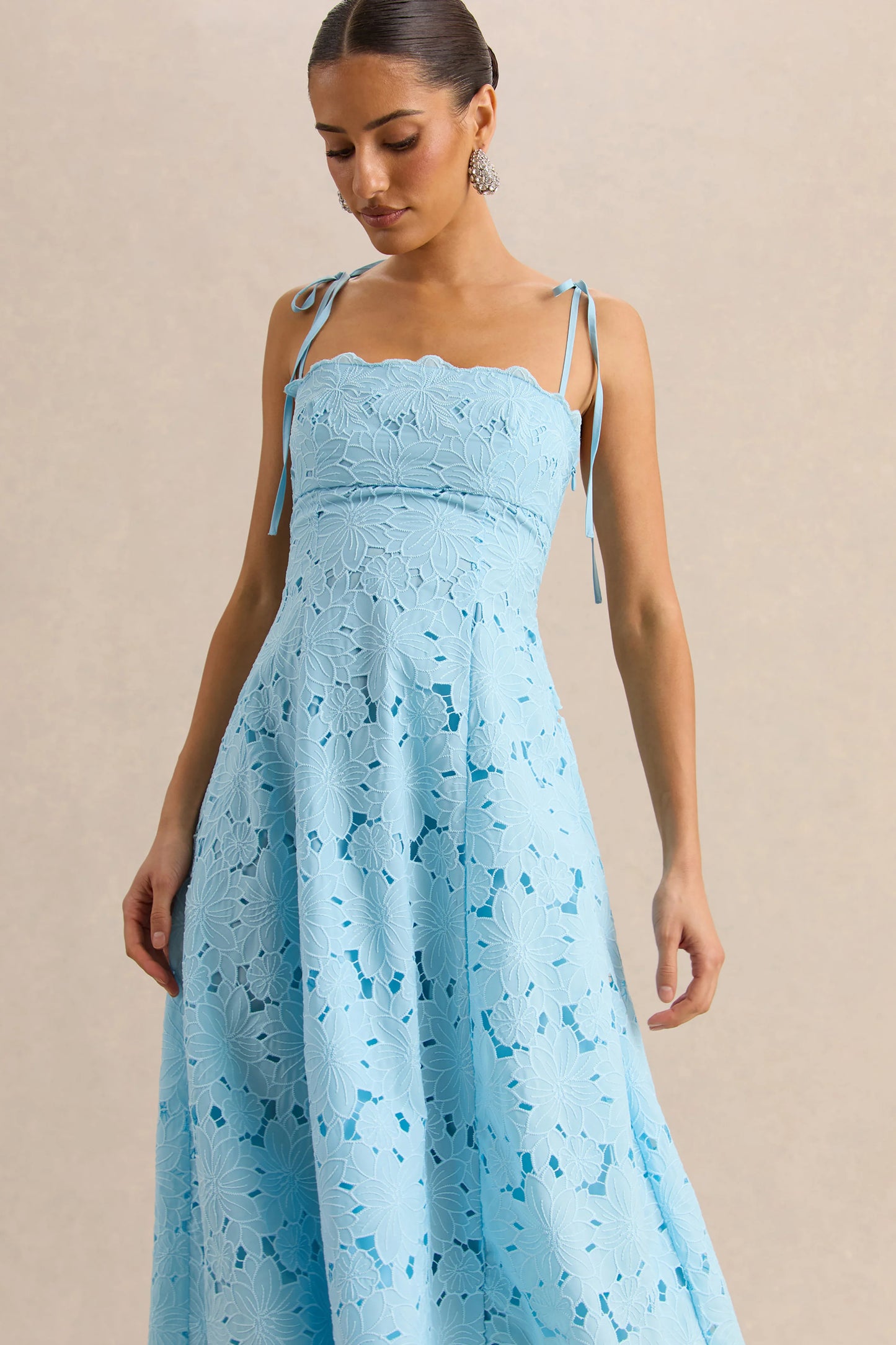 Anna Embroidered Powder Blue Square-Neck Midi Dress