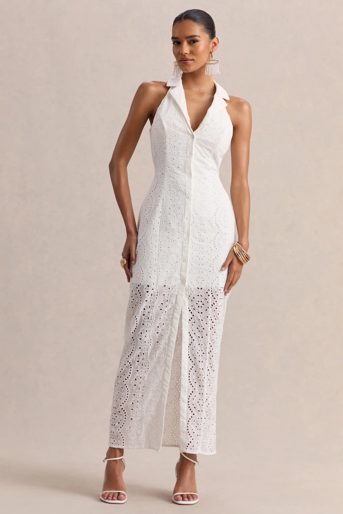 Tover White Broderie Plunge-Neck Maxi Dress