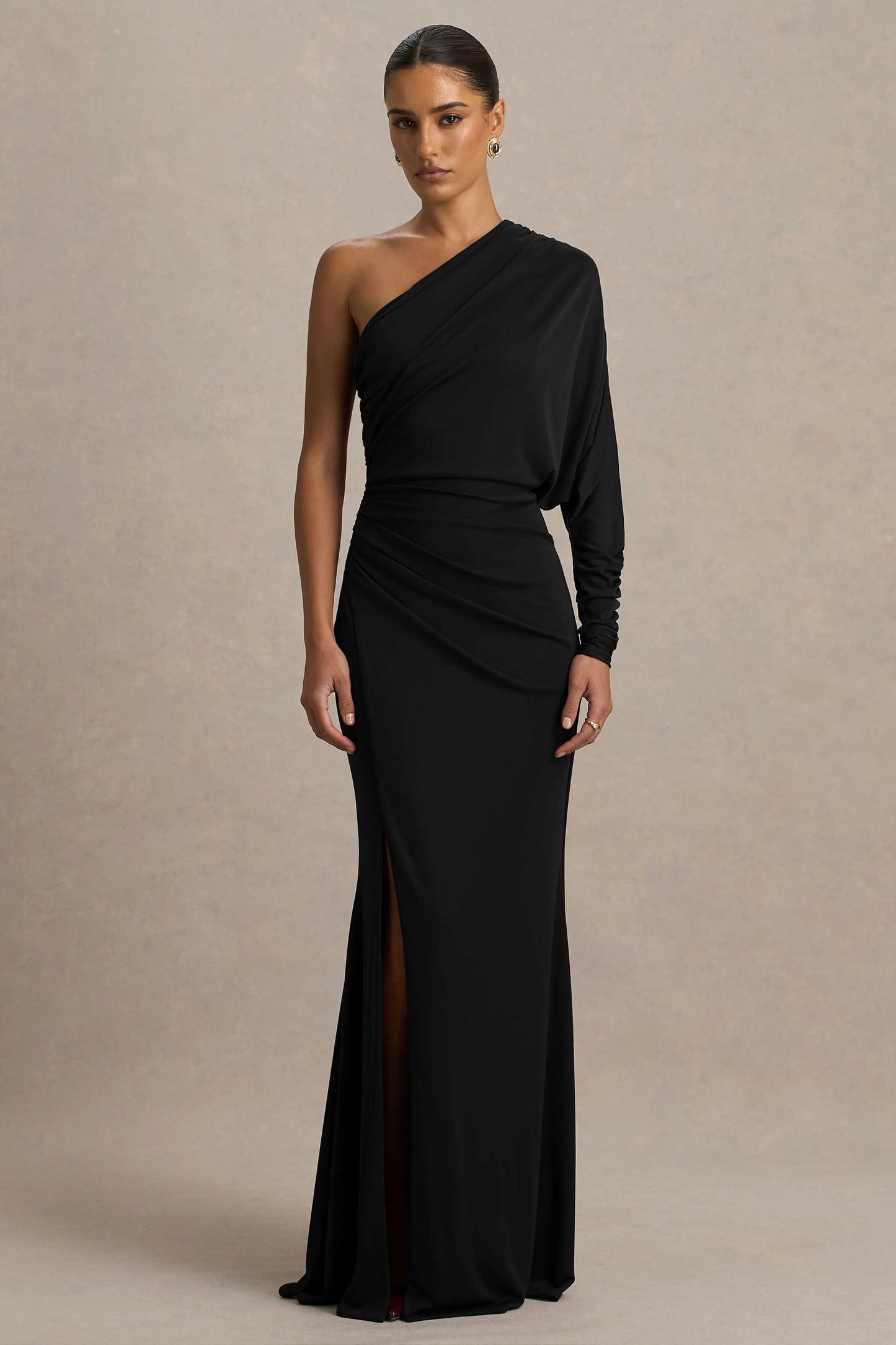 Lola Black Asymmetric-Neck Maxi Dress With Ruched Detailing And Front High-Split