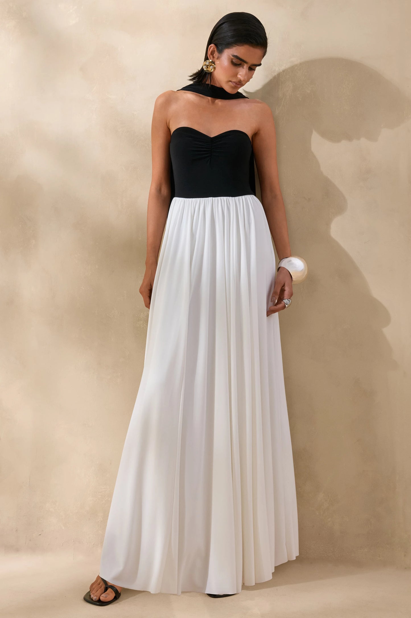 Beamora Black & White Bandeau Maxi Dress With Cape