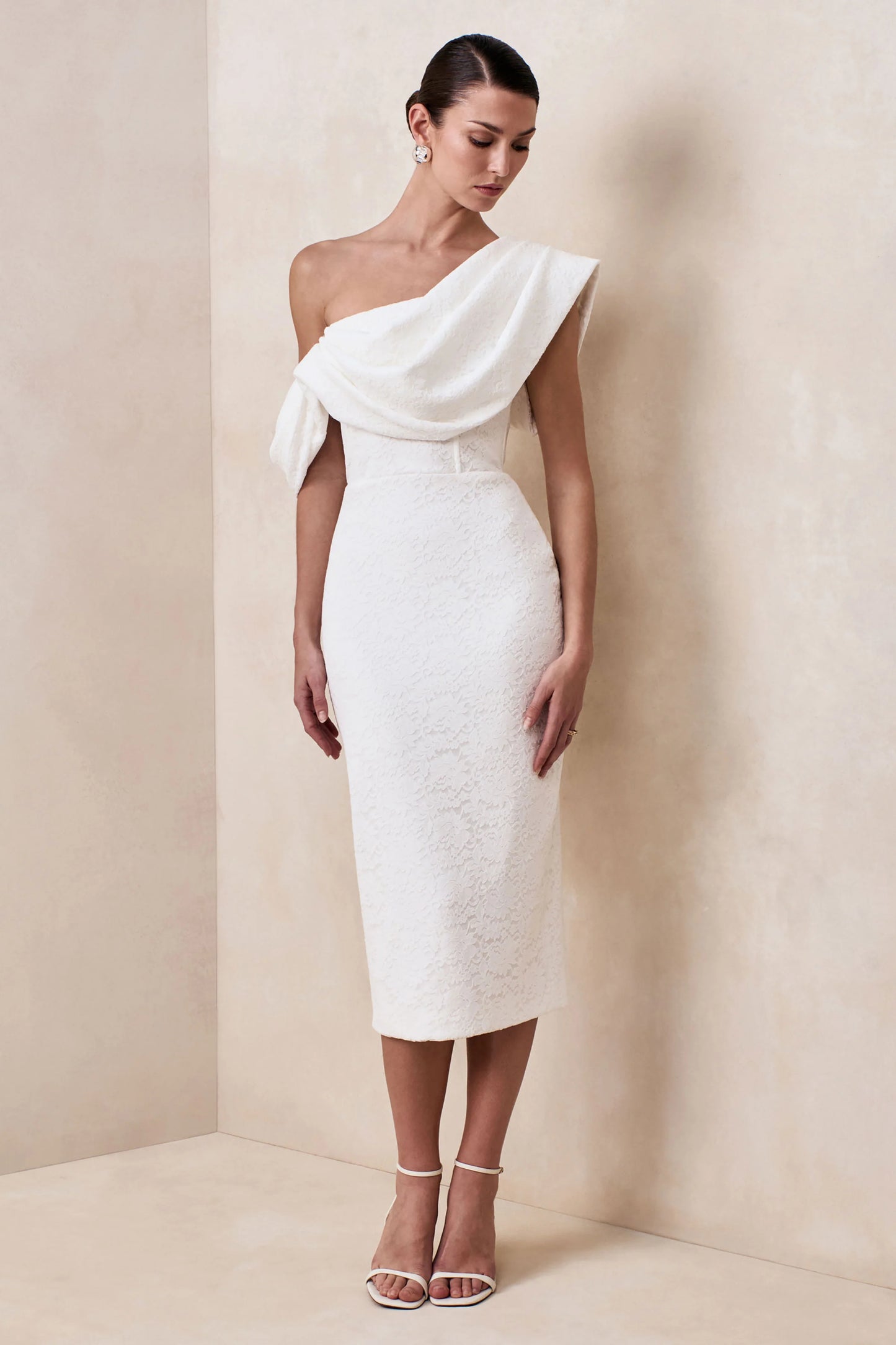 Farvera White Lace Draped Asymmetric-Neck Midi Dress