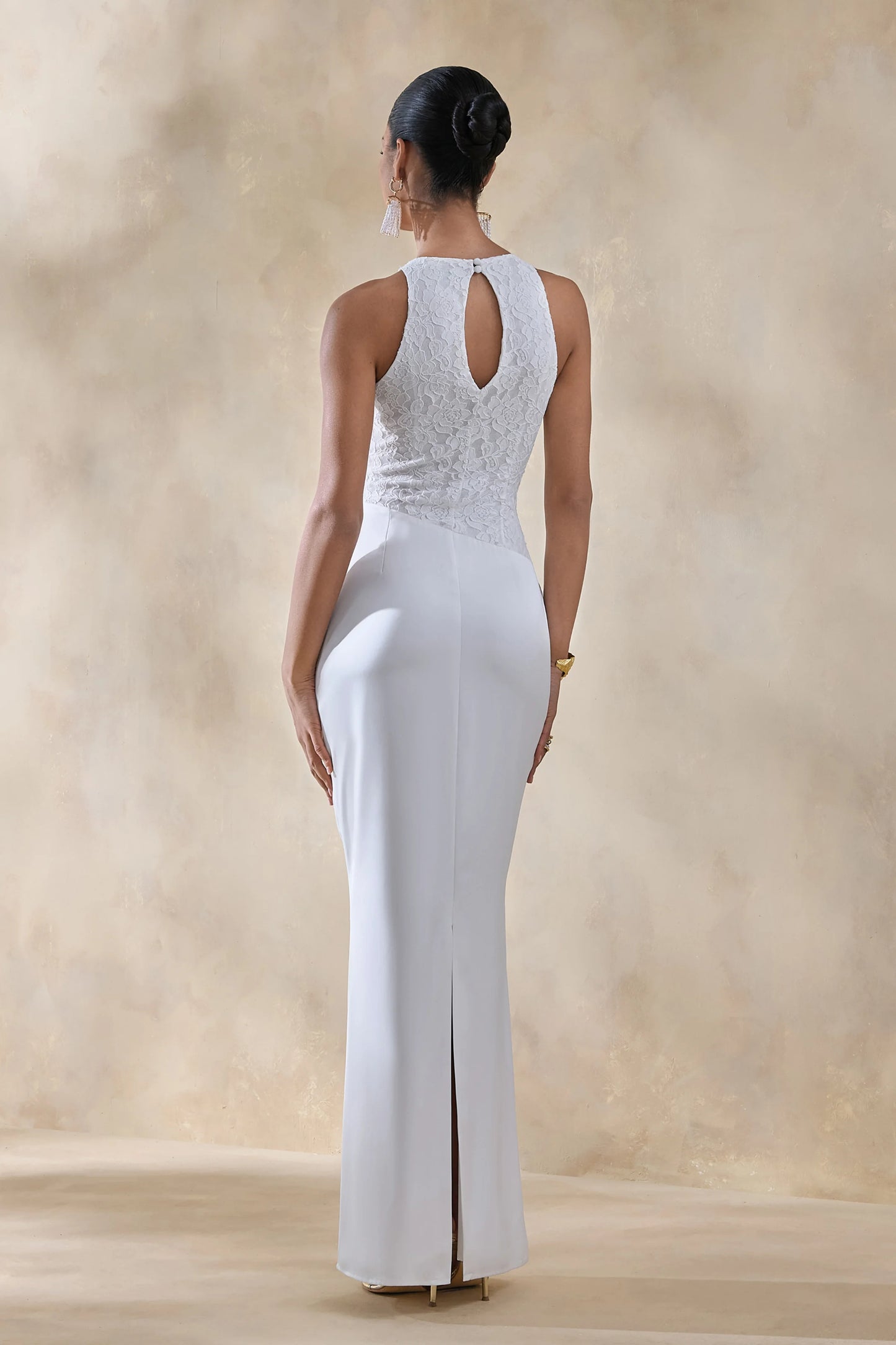 Neria White Satin And Lace Crew-Neck Maxi Dress With Draped Wrap-Skirt