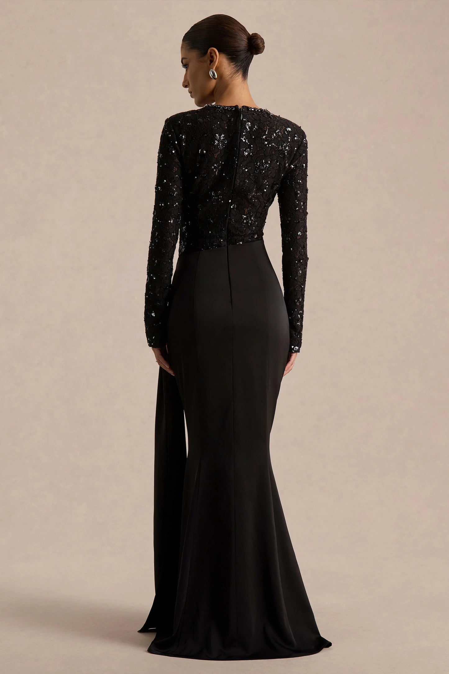 Beau Black Lace High-Neck Maxi Dress With Draped Detail
