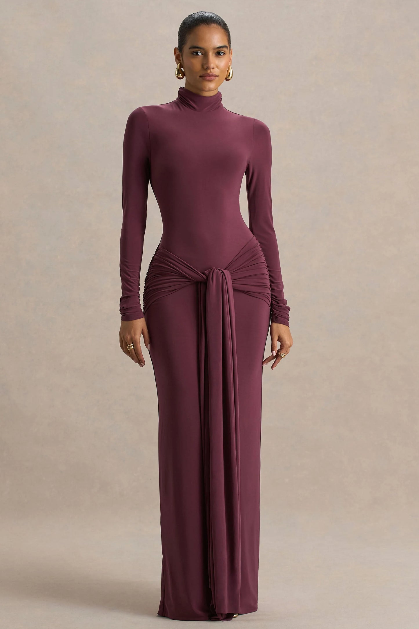 Myra Burgundy High-Neck Maxi Dress With Sash and Ruched Detailing