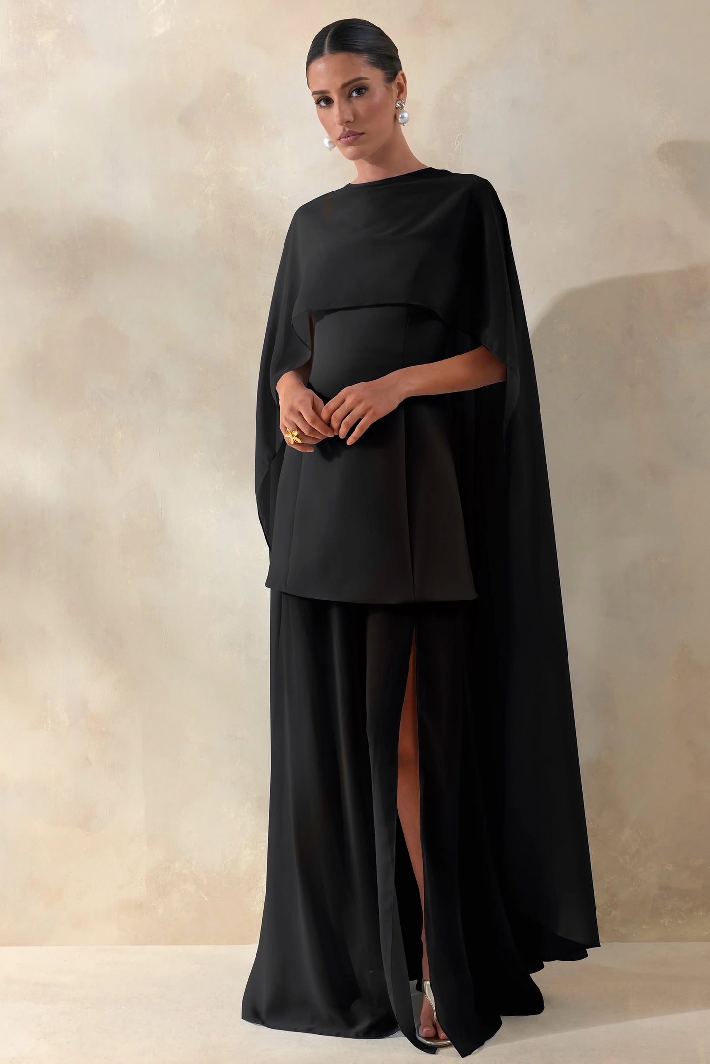Chessa Black Slashed-Neck Maxi Dress With Sheer Cape