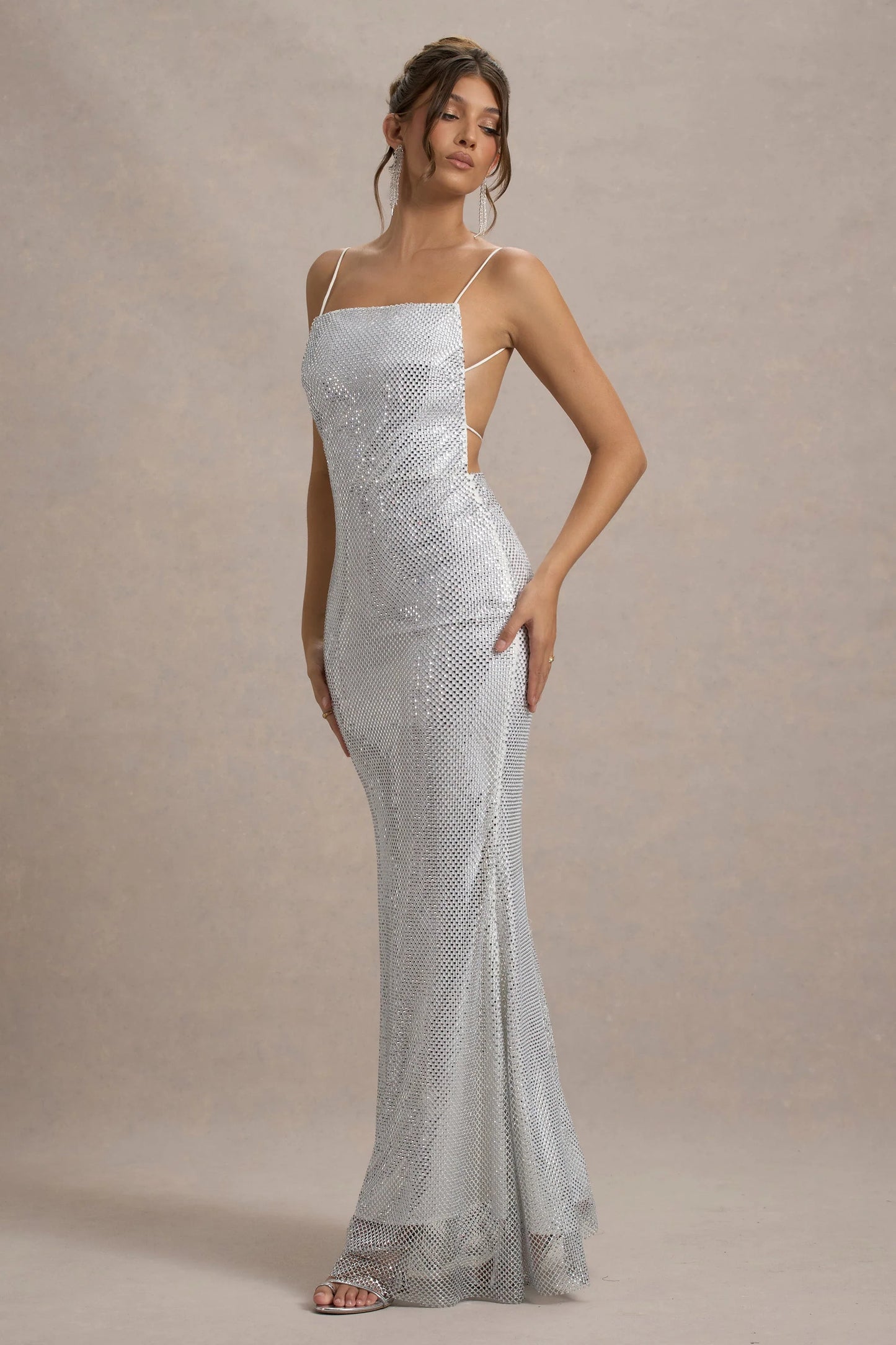 Quartz Silver Embellished Square-Neck Open-Back Maxi Dress