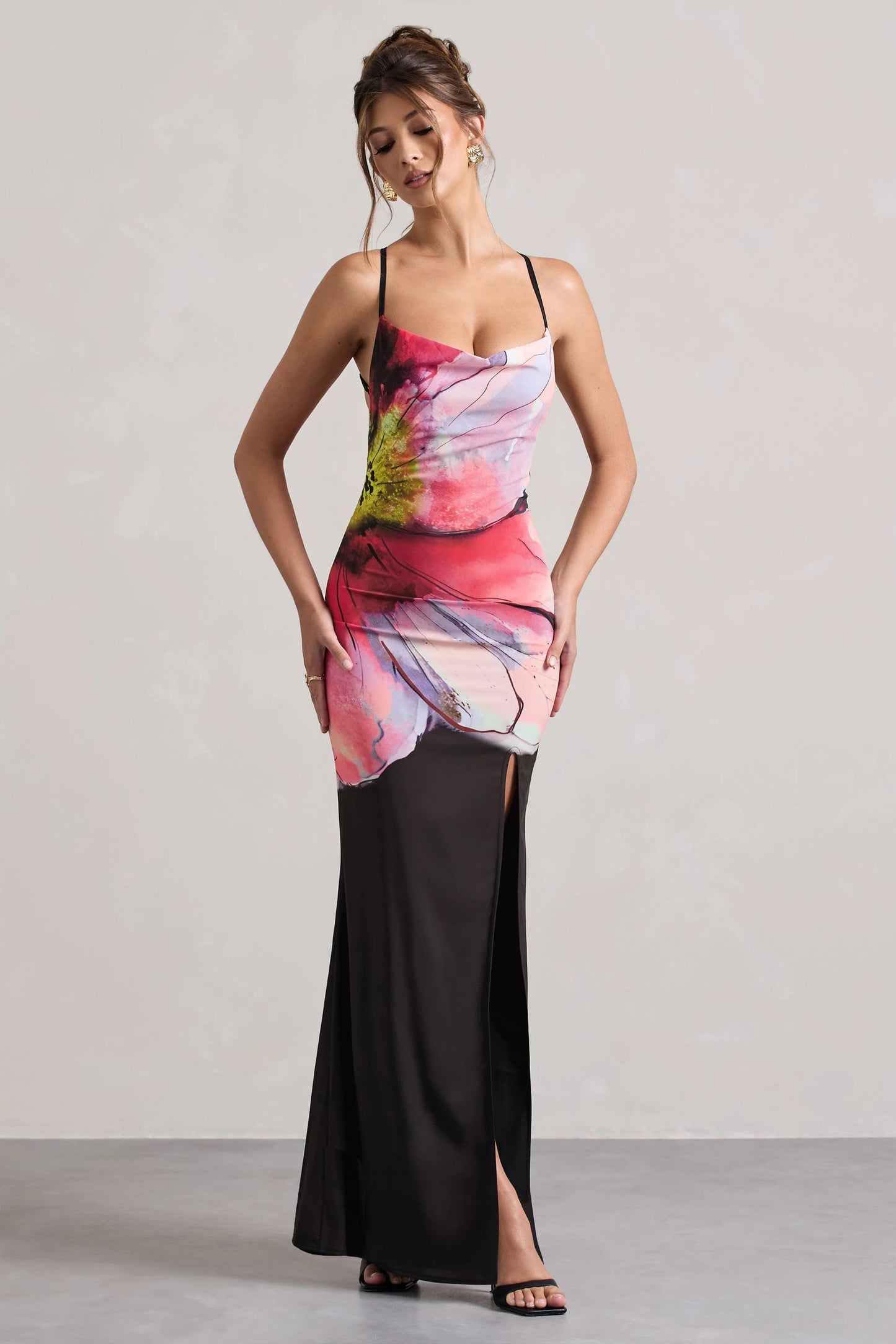 Kali Black Floral Print Cowl-Neck Open-Back Split Maxi Dress
