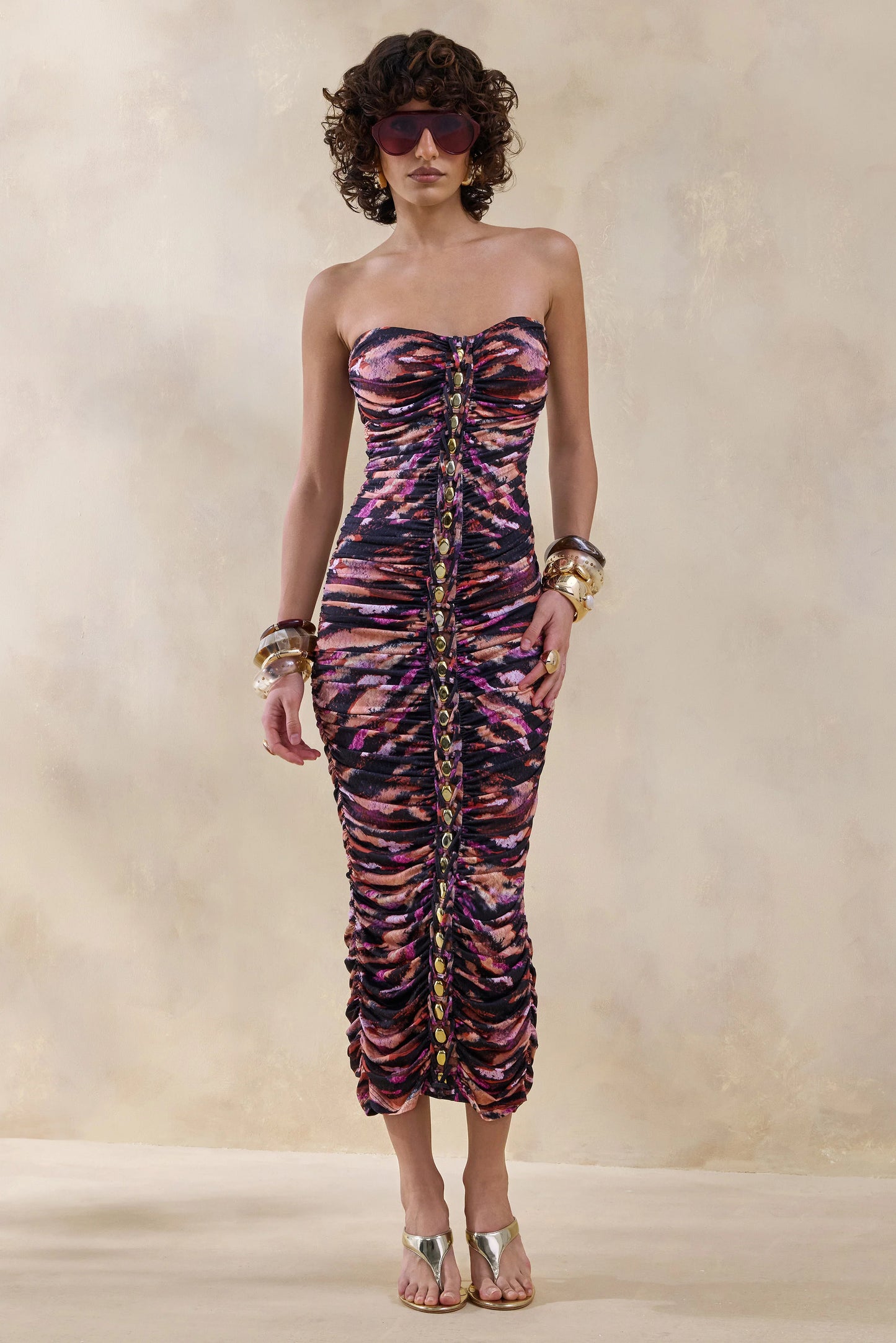 Spontaneity Zebra Print Bandeau Ruched Midi Dress