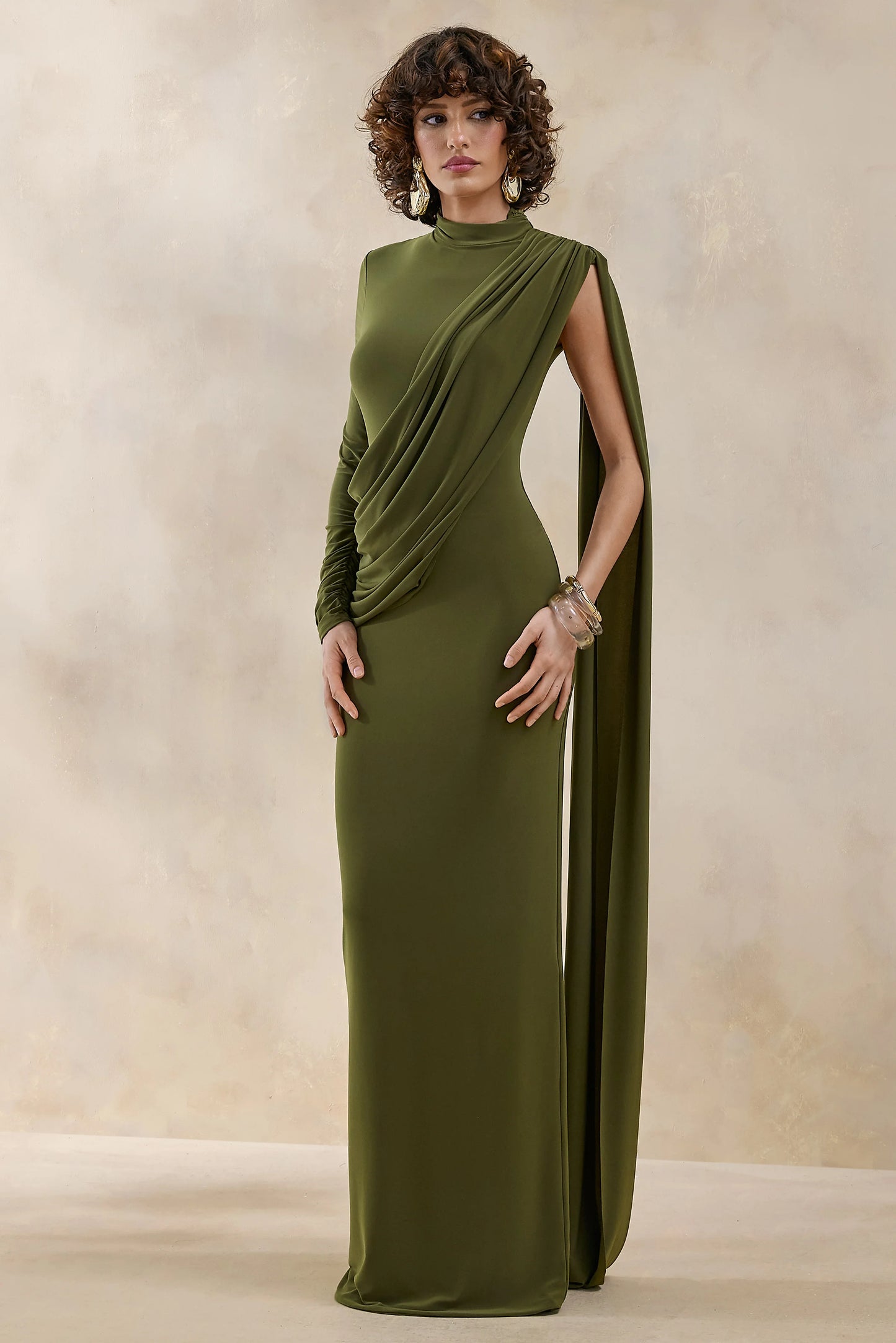 Oliria Olive High-Neck Maxi Dress With One-Long Sleeve And Sash-Detail