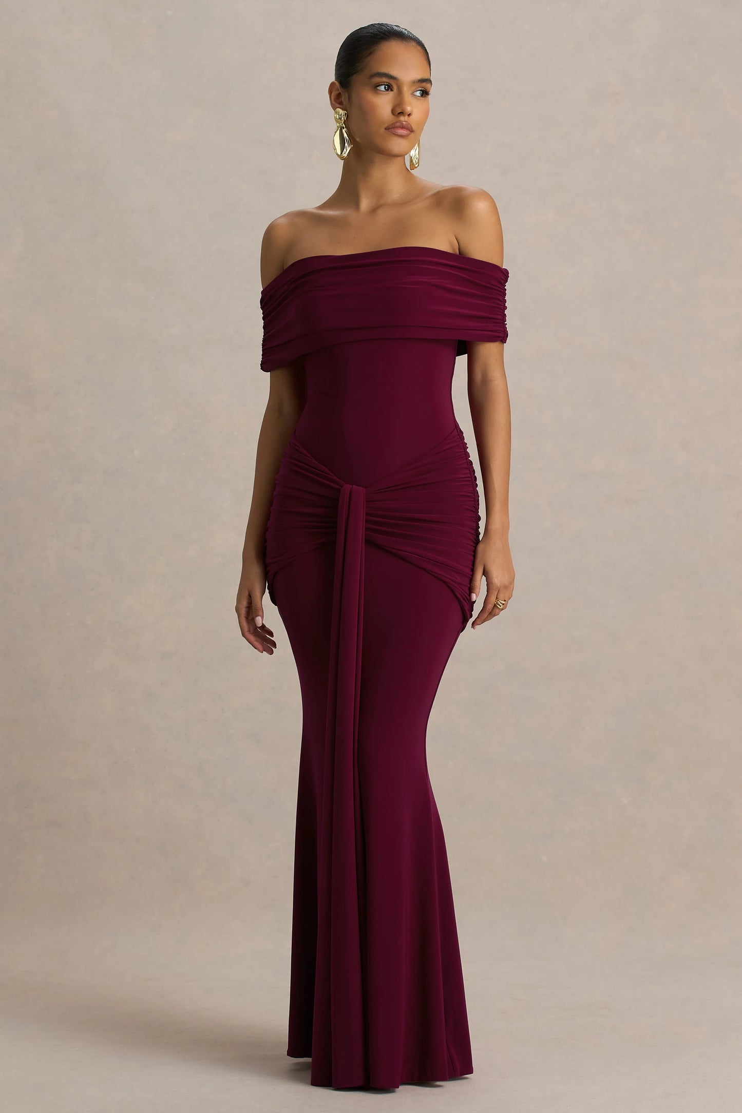 Envisioned Burgundy Bardot-Neck Maxi Dress With Gathered And Drape Detail