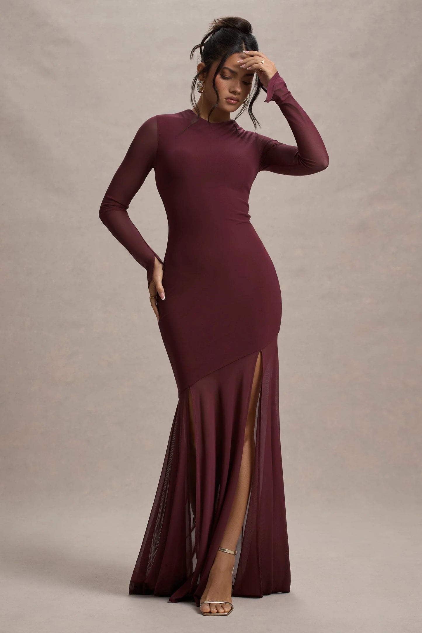 Tigerlily Port Mesh Long-Sleeve Open-Back Maxi Dress