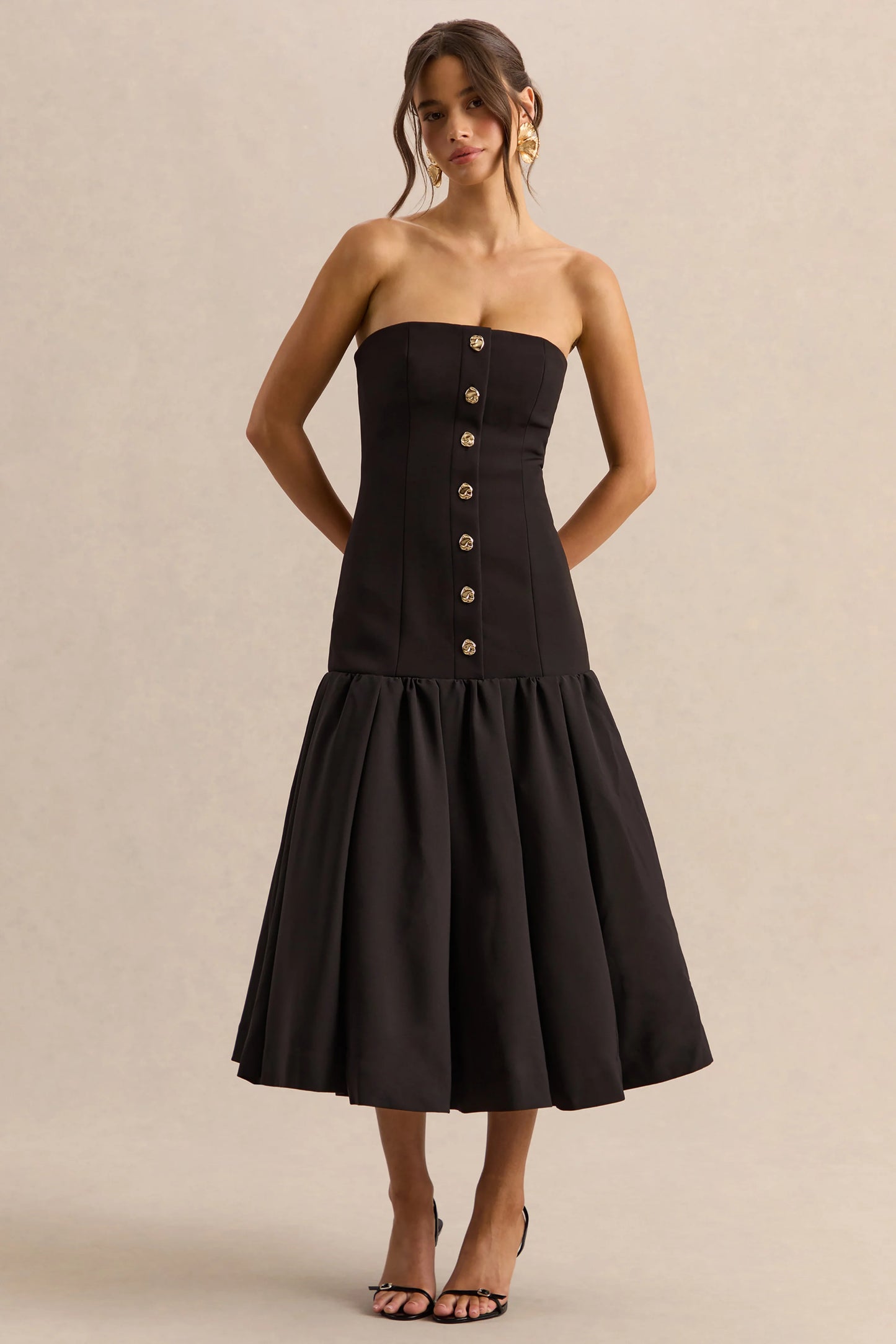 Briella Black Bandeau Midi Dress With Gold-Button Detailing