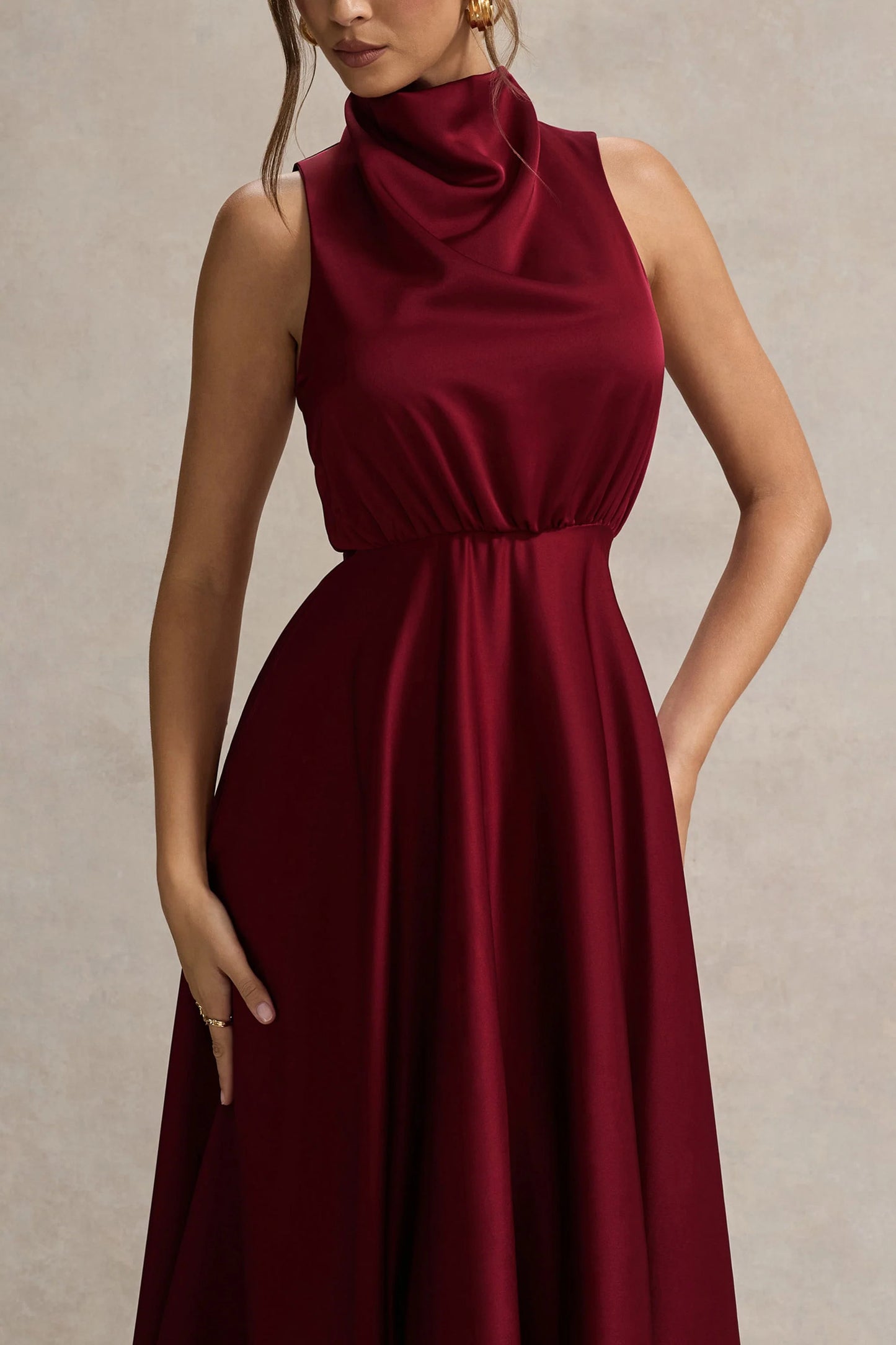 Kerri Berry Satin Cowl-Neck Maxi Dress