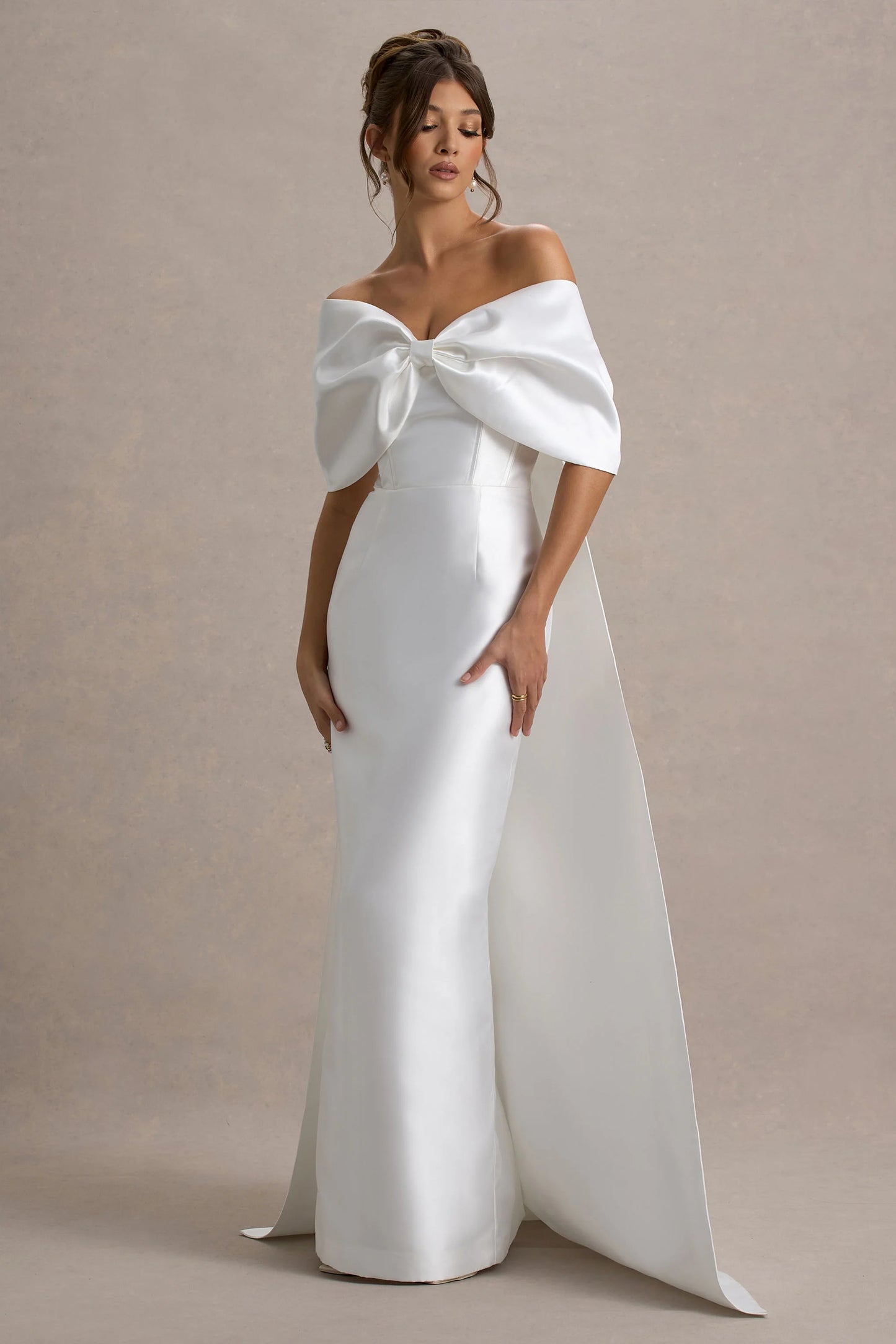 Wanting More Off White Satin Cape Maxi Dress With Oversized Bow