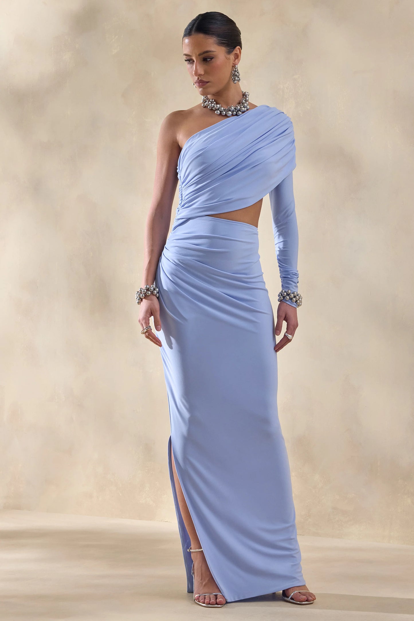 Malika Powder Blue Asymmetric-Neck Maxi Dress With Body-Cut Out And Gathered Detailing