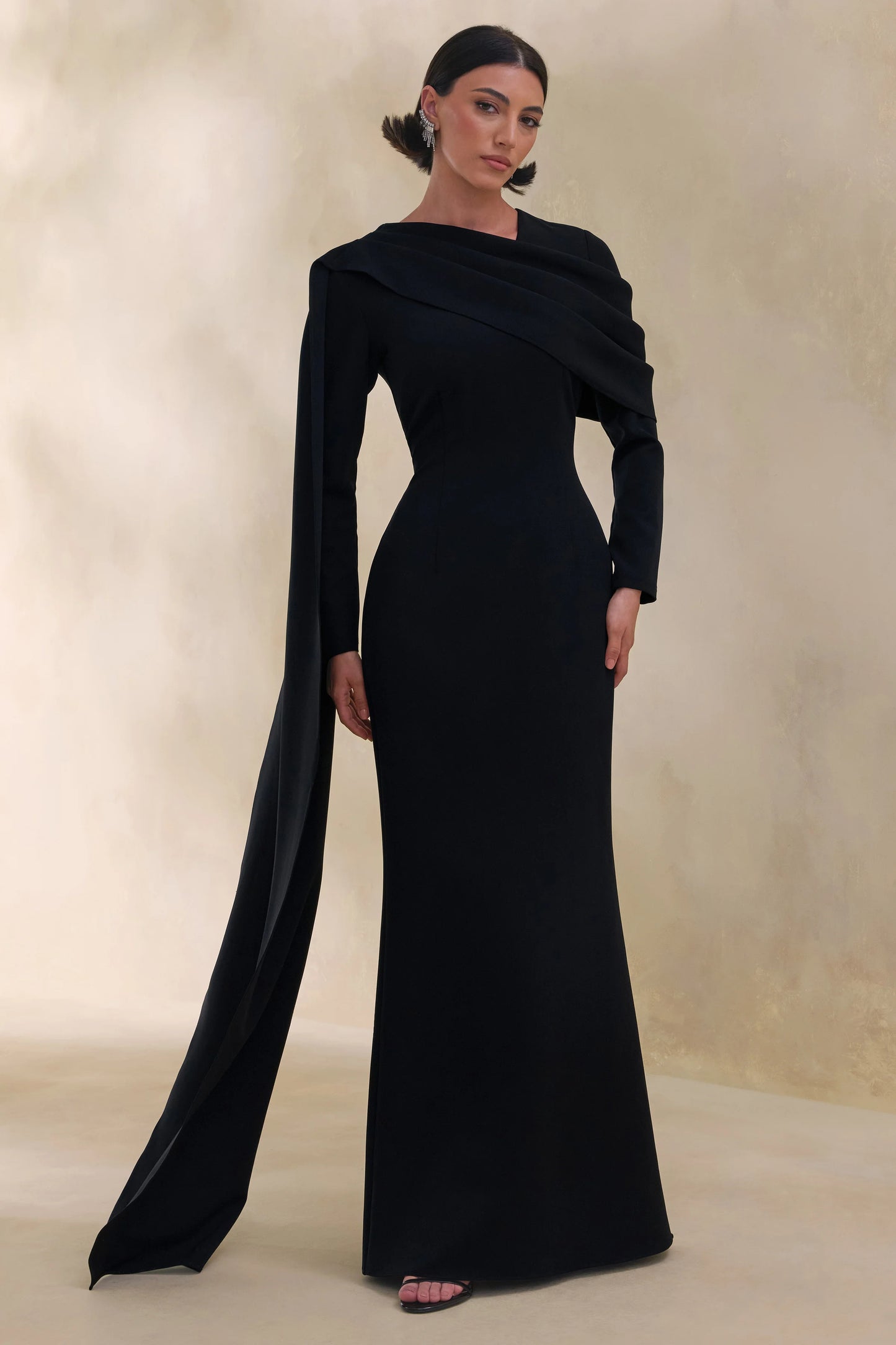 Heliora Black V-Neck Maxi Dress With Sash And Draped-Detail