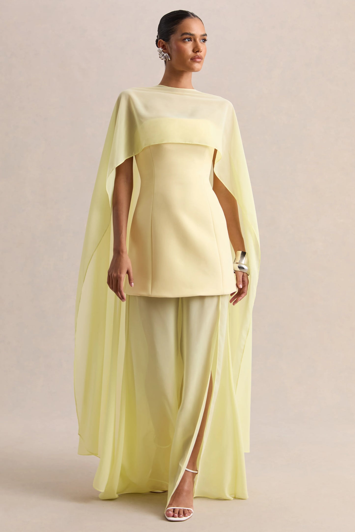 Chessa Lemon Boat-Neck Maxi Dress With Sheer Cape