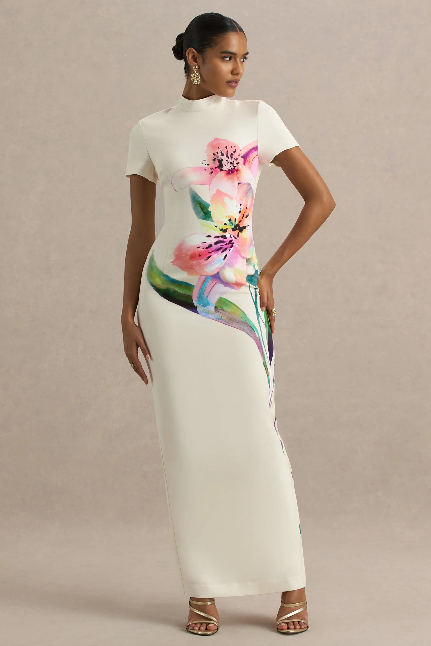 Hessie White Lily Print High-Neck Maxi Dress
