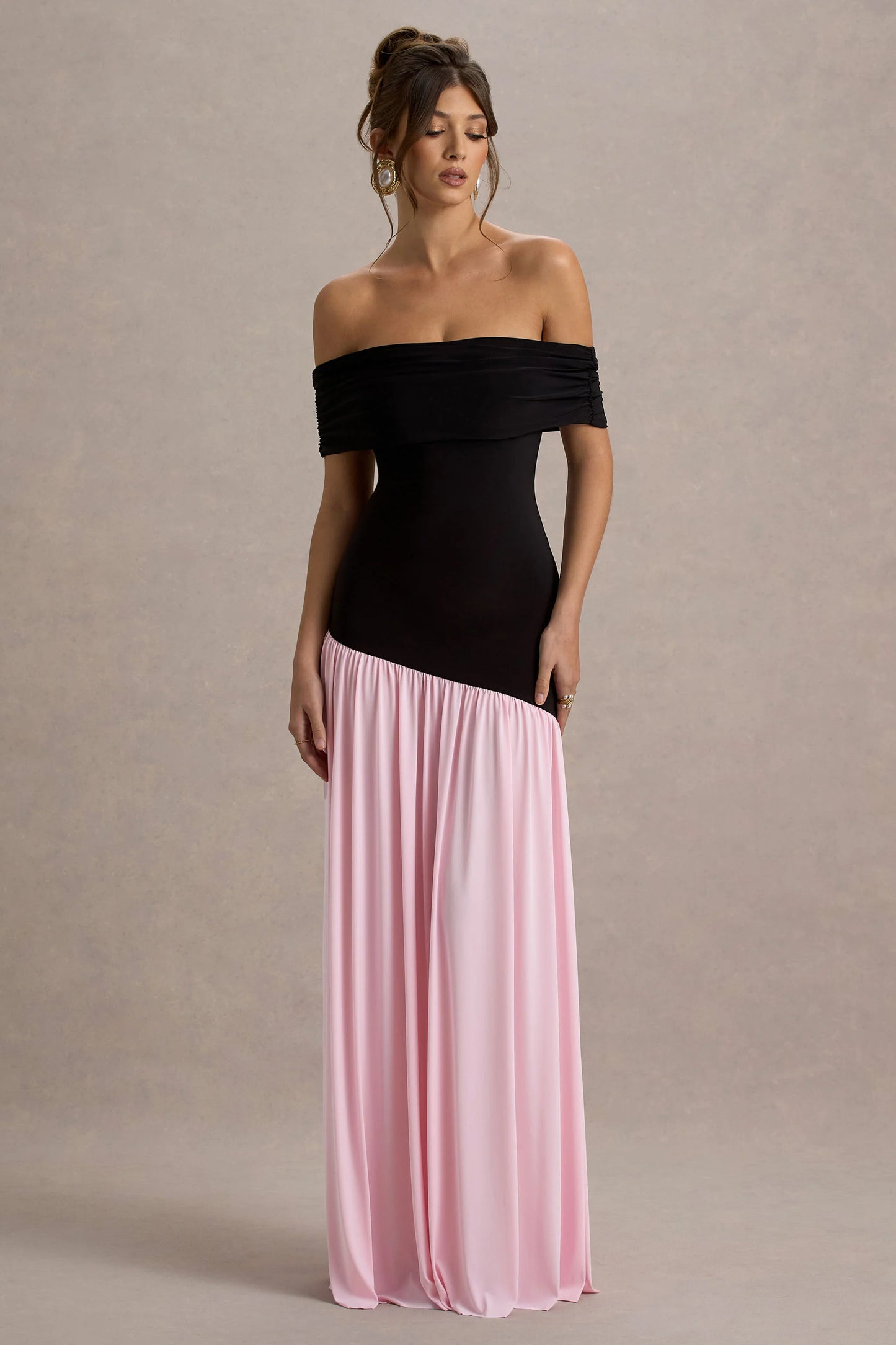 Venezia Black & Pink Bardot Maxi Dress With Drop-Waist
