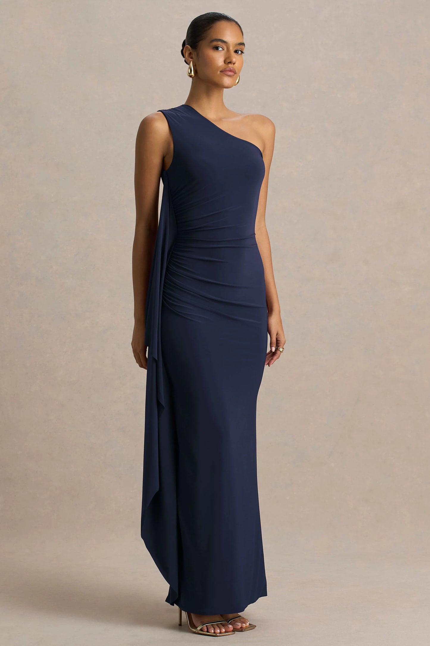 Adelina Navy One-Shoulder Maxi Dress With Drape