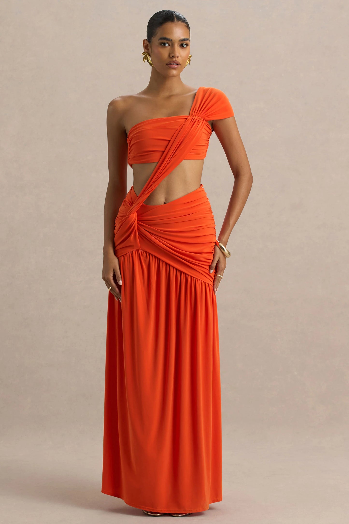 Cadiz Orange Asymmetric Maxi Dress With Cut-Out Detail and Open-Back
