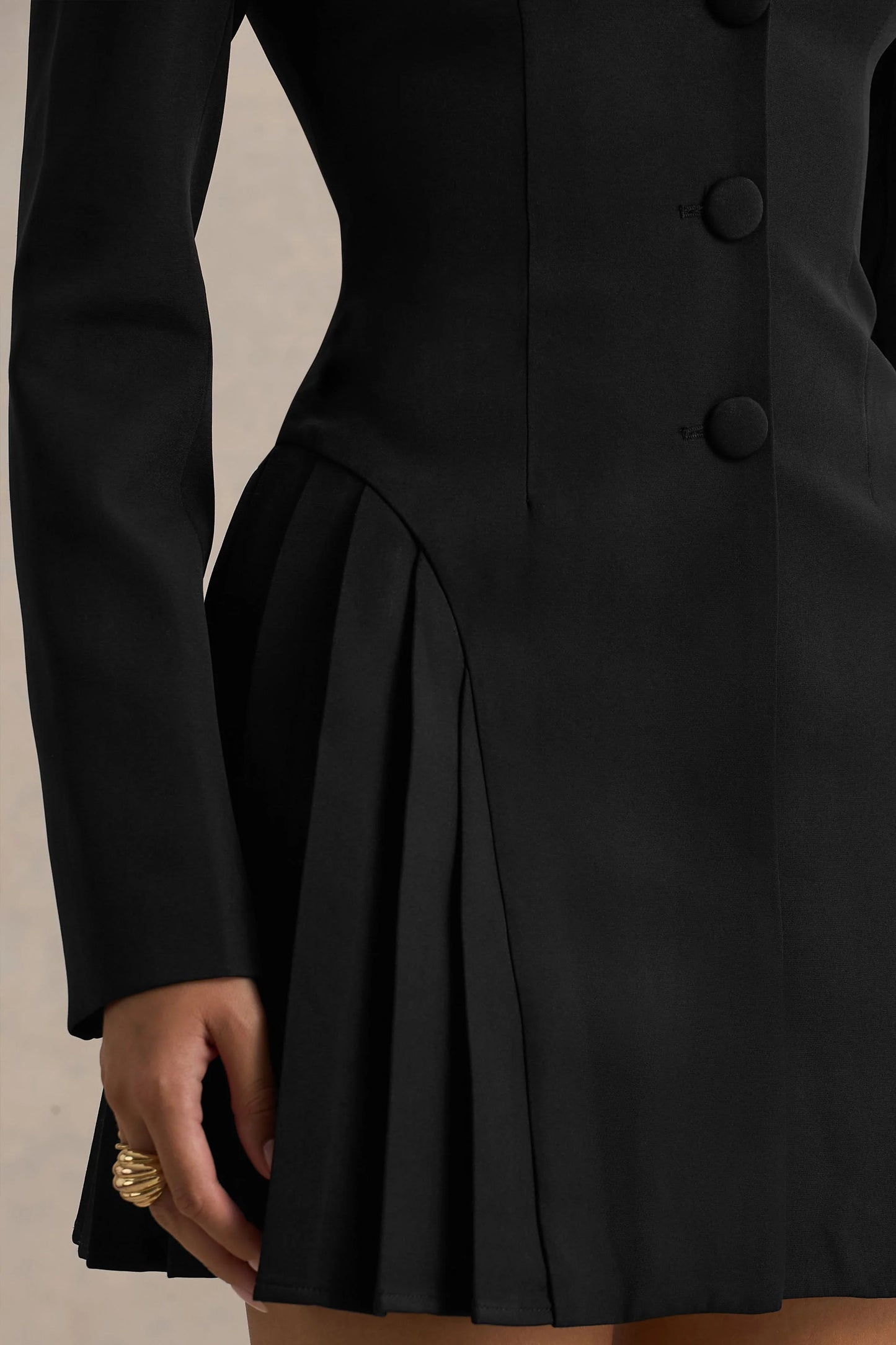 Blossoming Black Plunge-Neck Tailored Mini Dress With Pleating