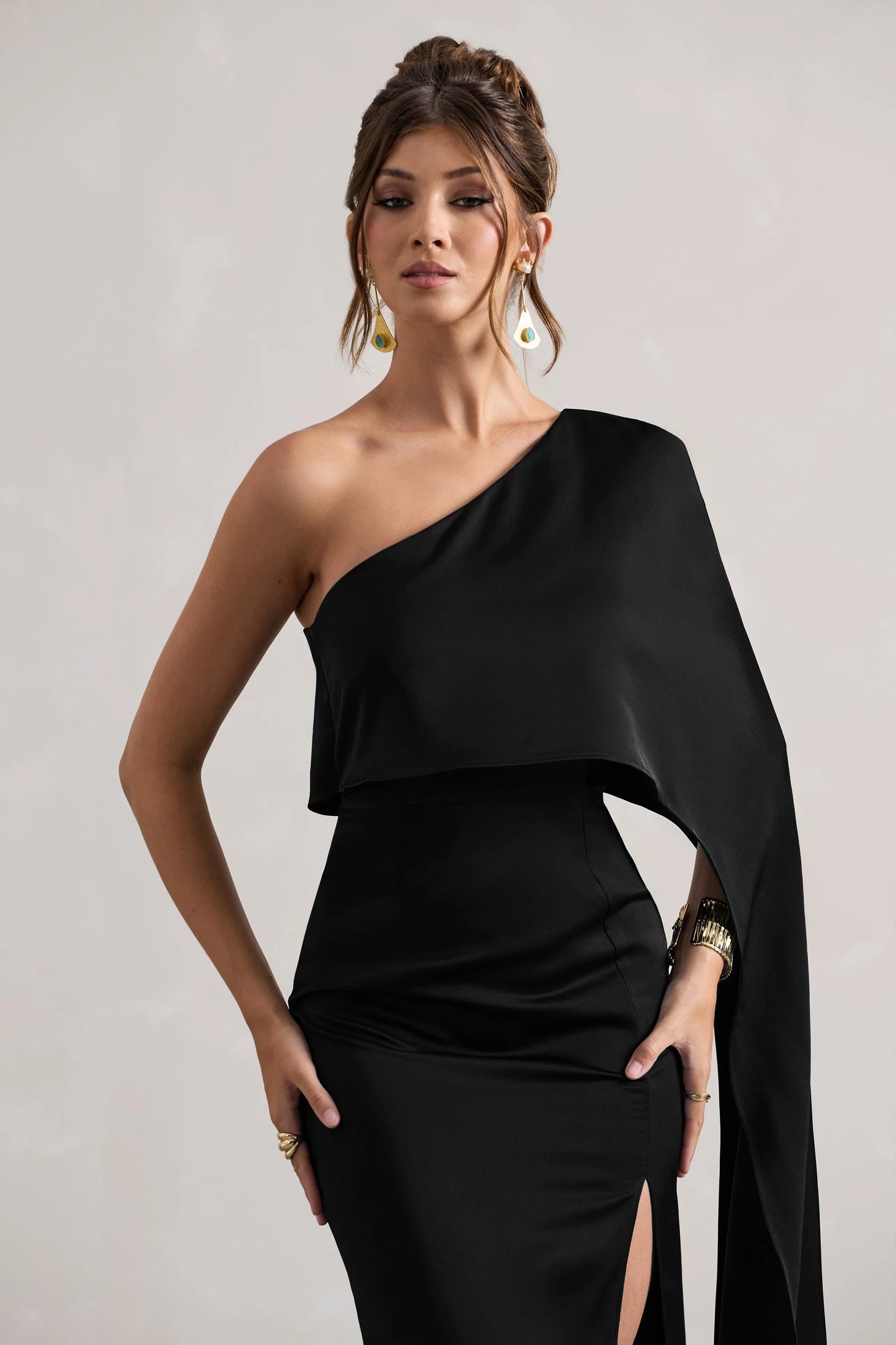 Amora Black Satin Asymmetric Cape-Sleeve Split Maxi Dress