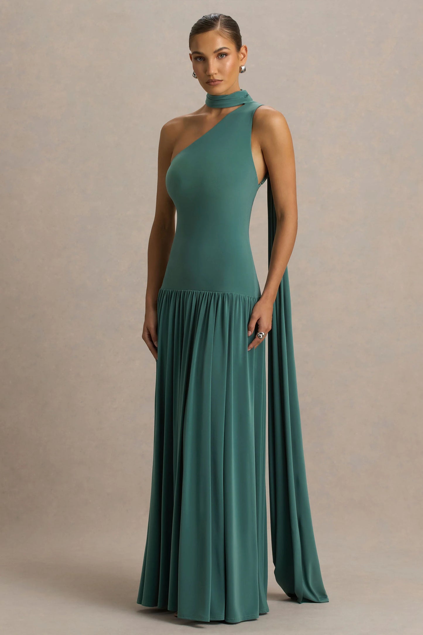 Freesia Teal Asymmetric-Neck Maxi Dress With Scarf-Detail