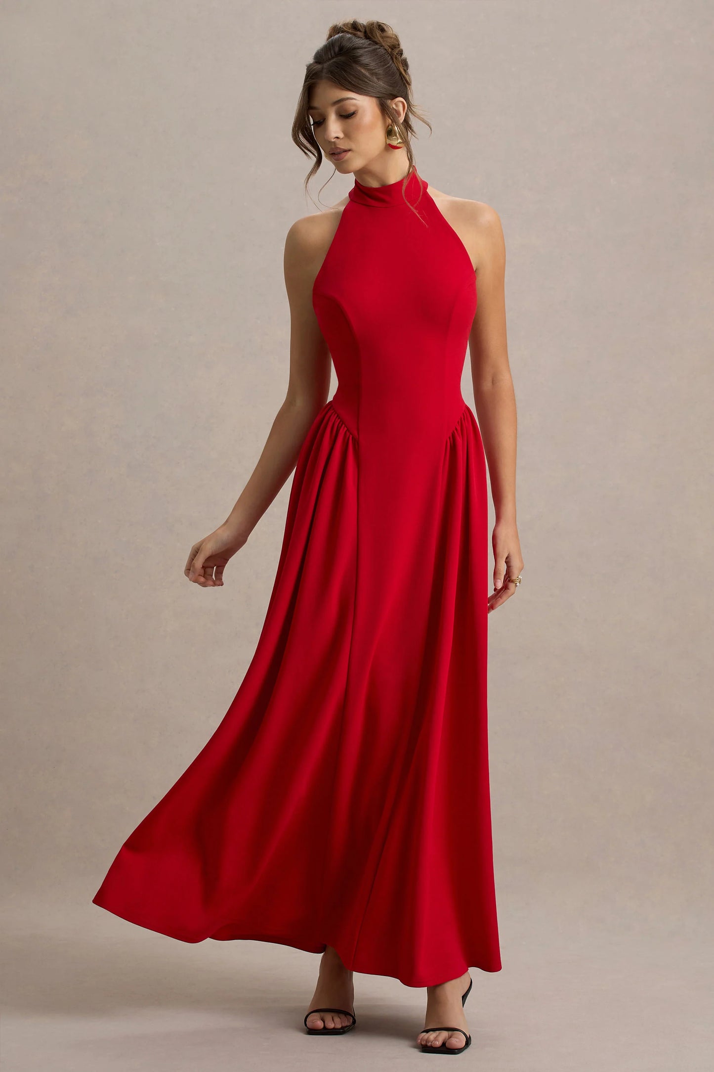 Cynthia Red High-Neck Maxi Dress With Volume Skirt