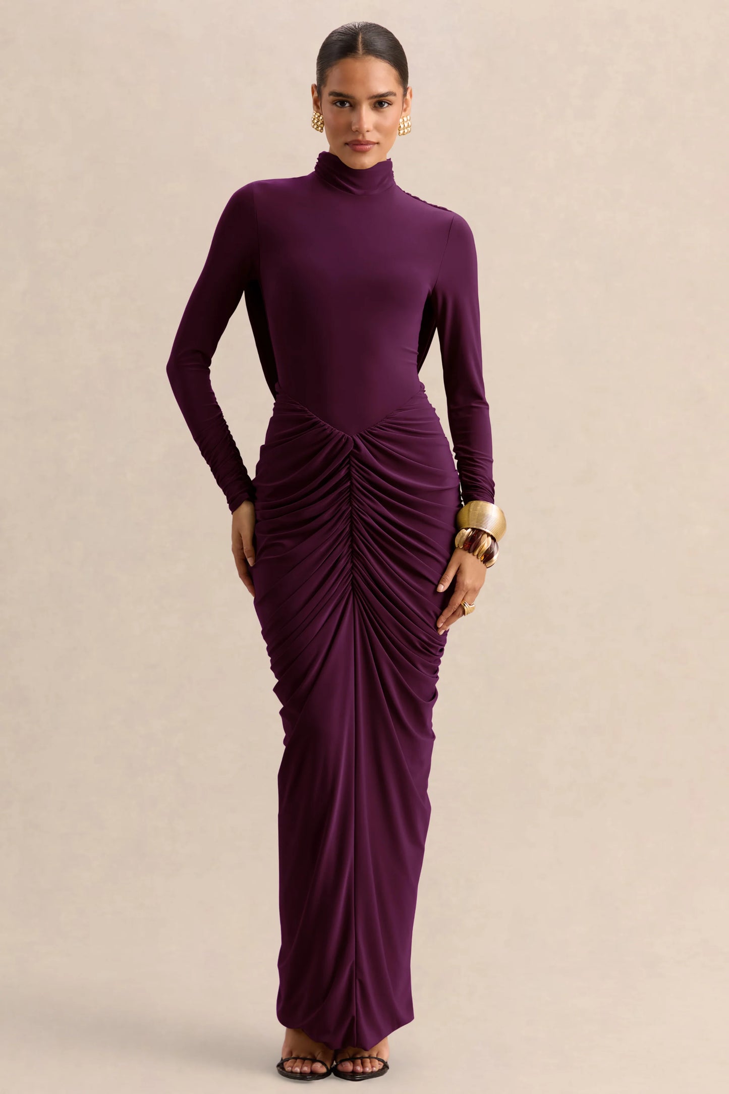 Harmona Dark Plum High-Neck Maxi Dress With Gathered And Draped-Detailing