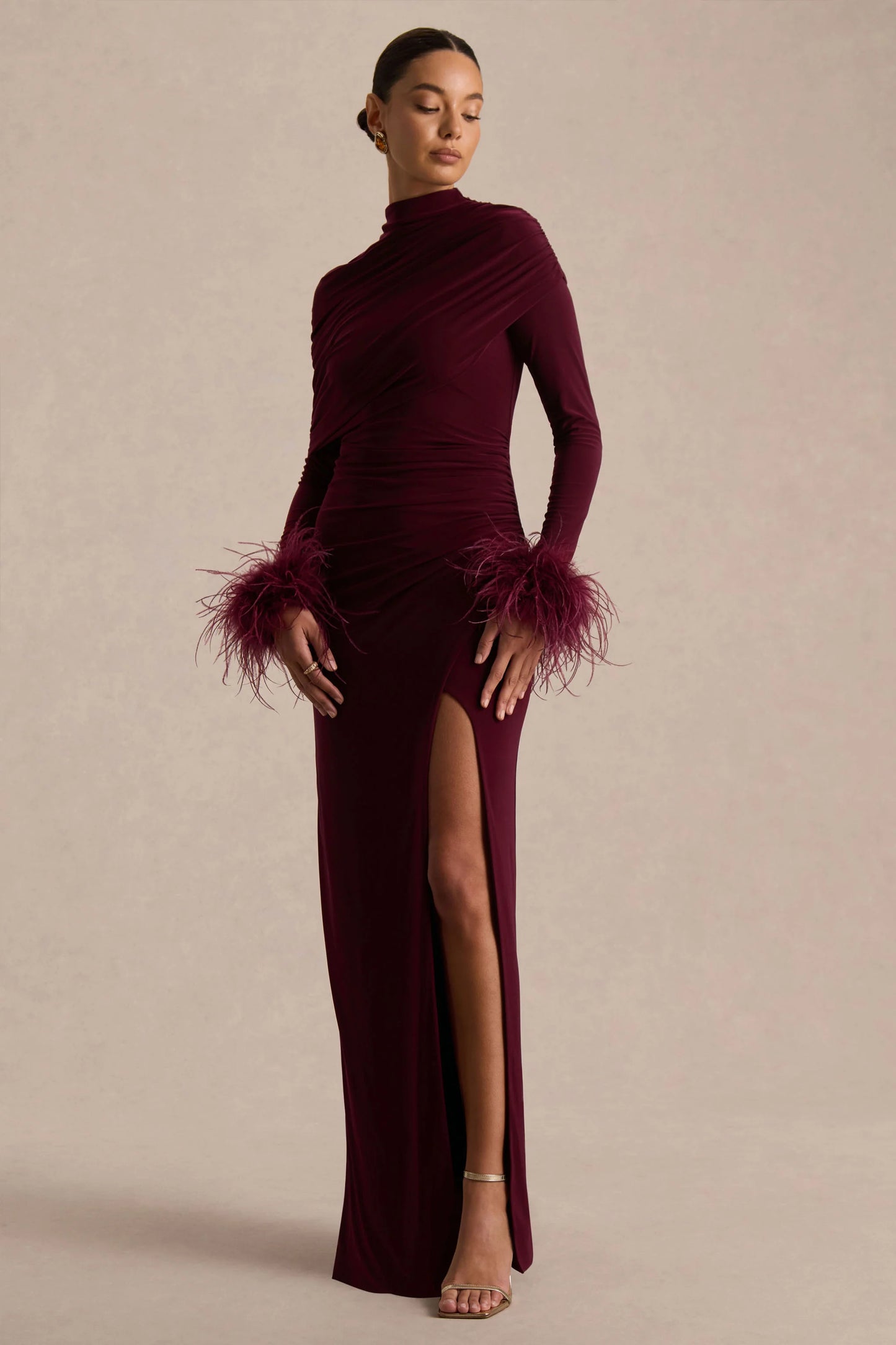 Gatsby Burgundy High-Neck Maxi Dress With Feather Trim Cuffs