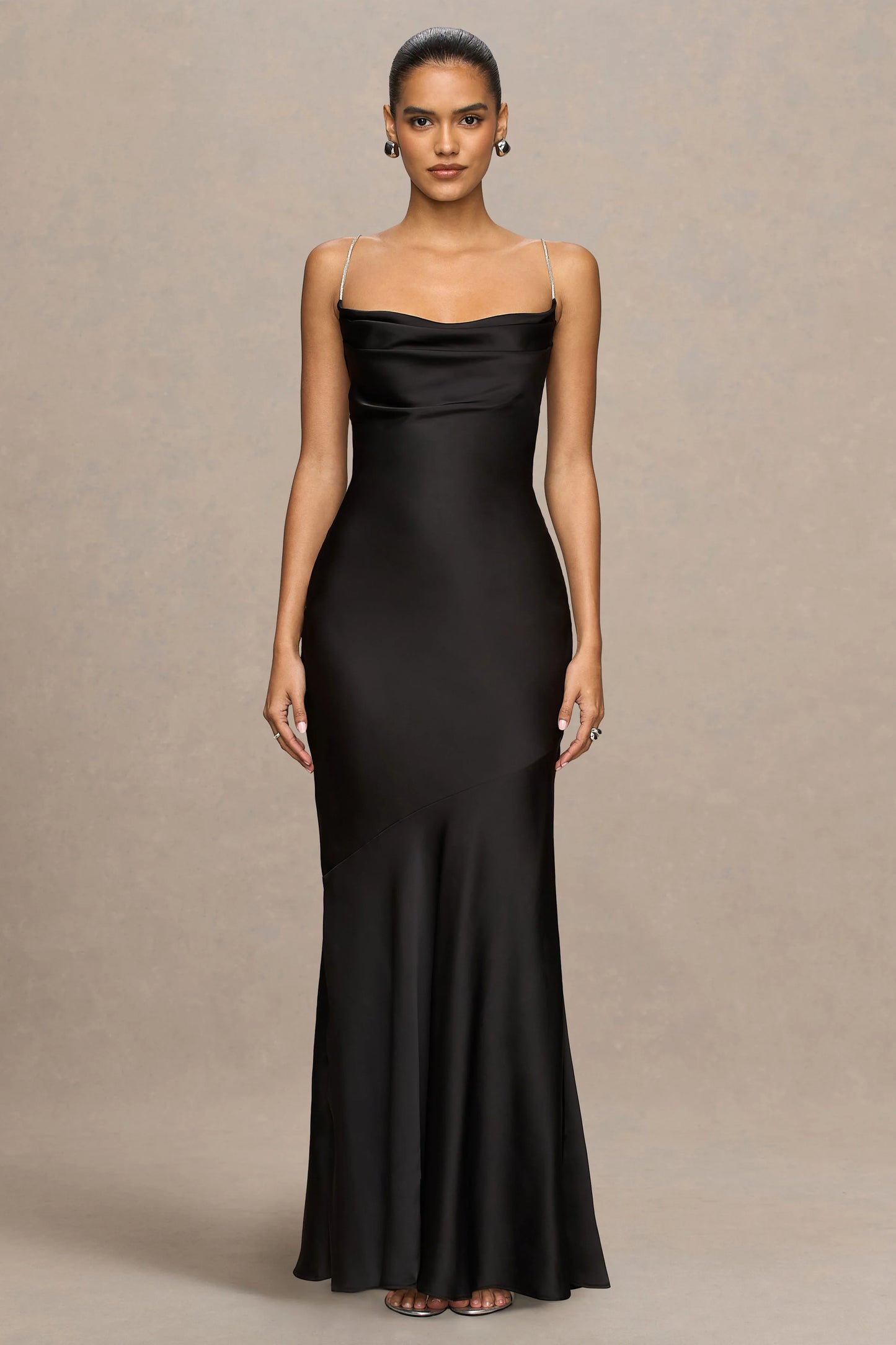 Maelia Black Satin Cowl-Neck Maxi Dress With Diamante Straps