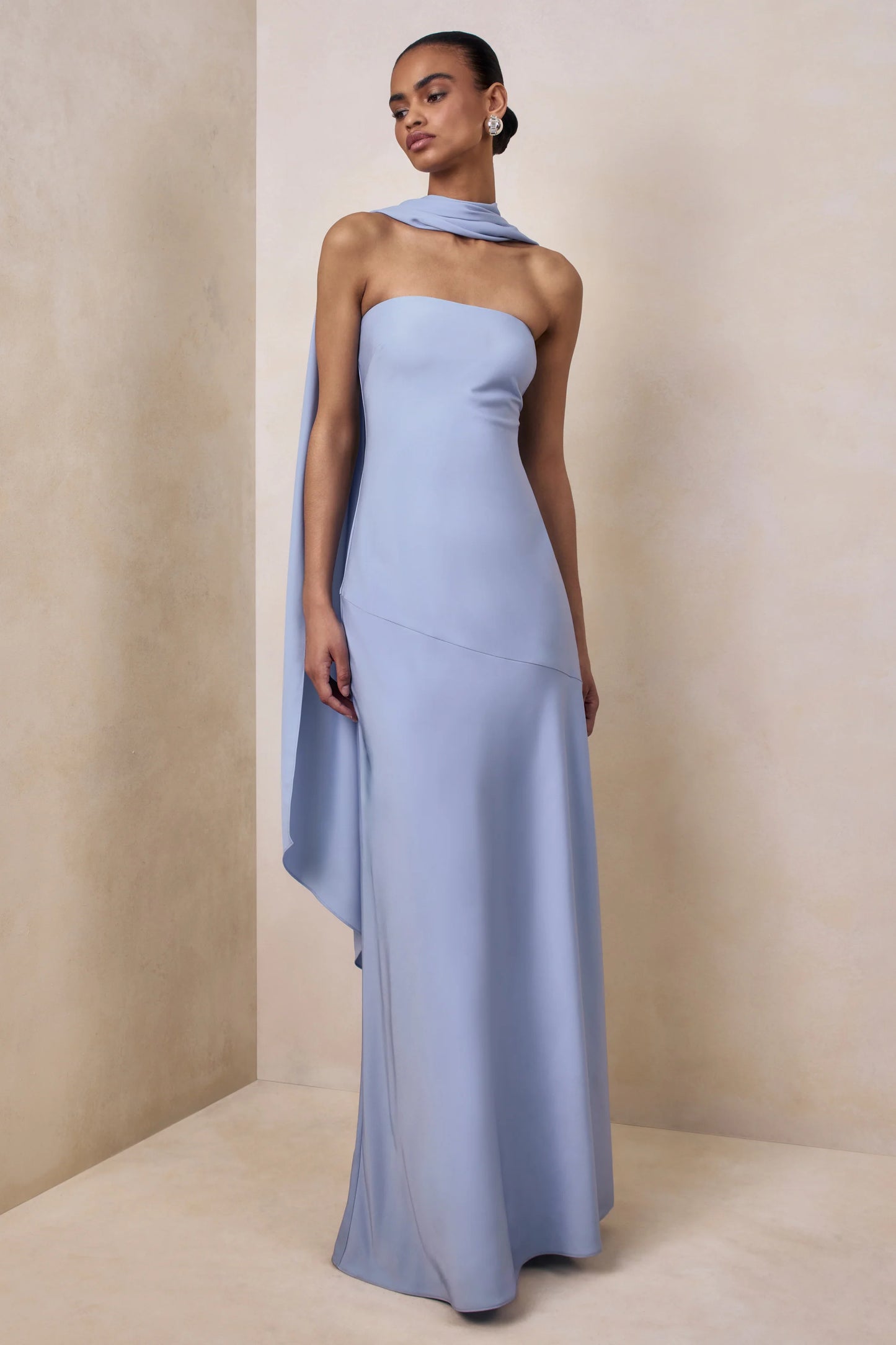 Charly Powder Blue Matte Satin Bandeau Maxi Dress With Scarf-Detail