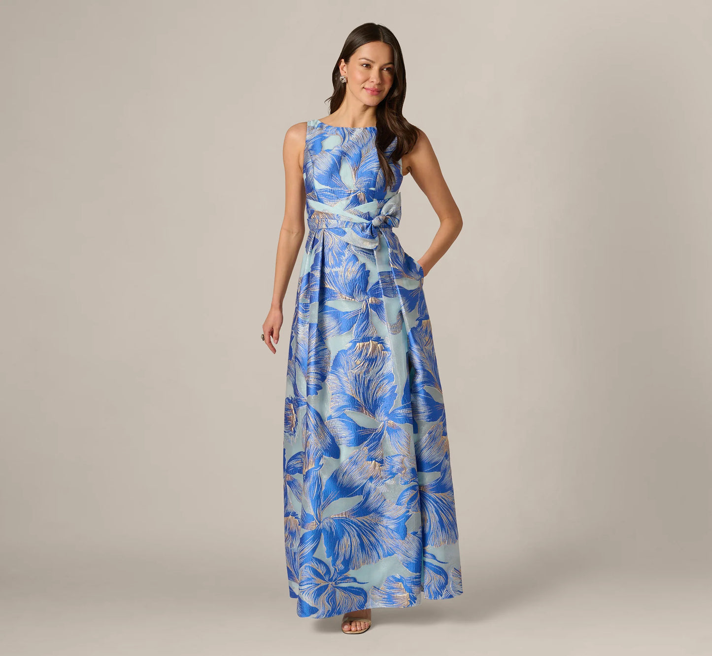 Metallic Iris Floral Organza Gown In Blue Multi