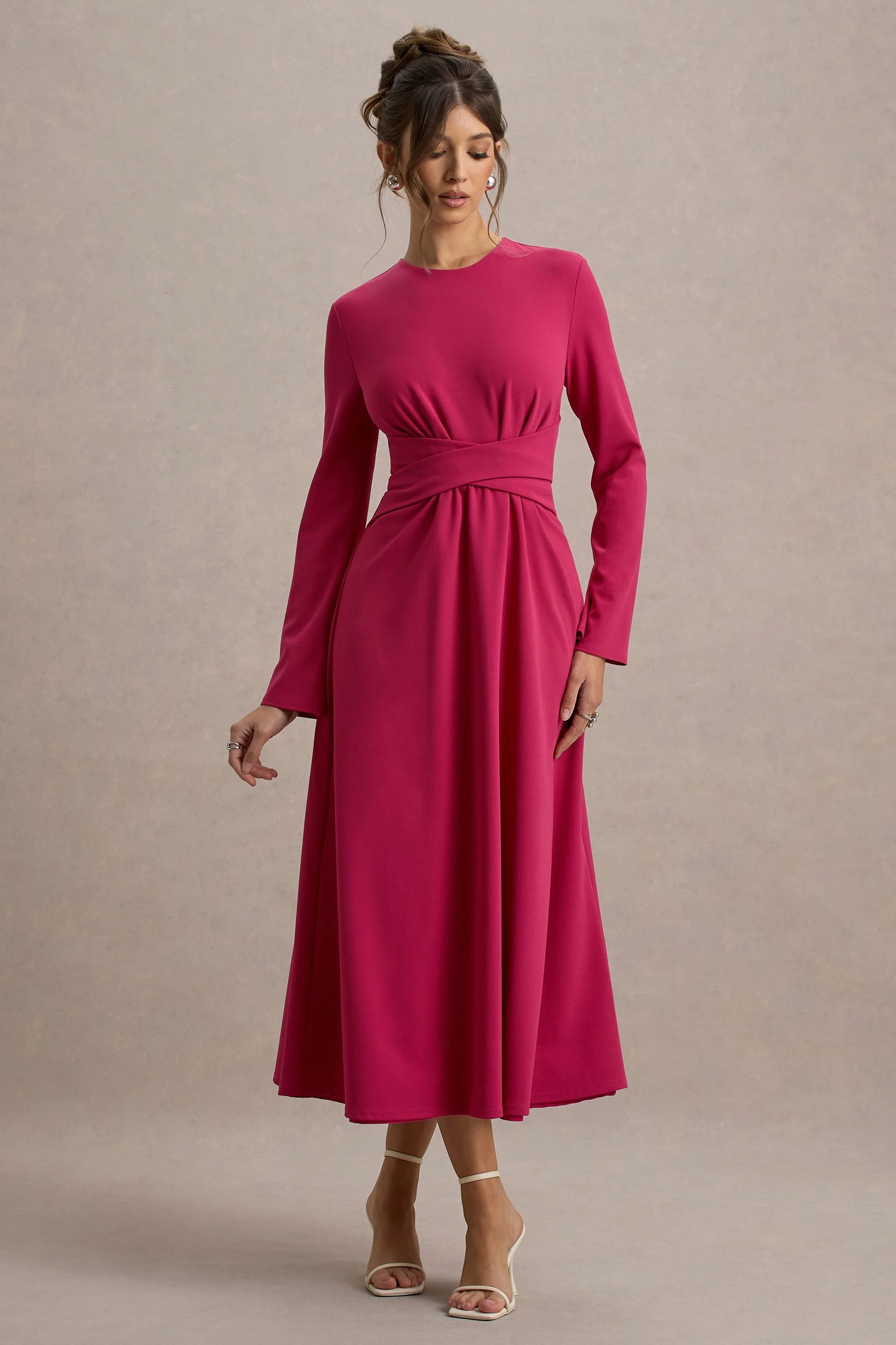 Cassiopeia Lemon Long-Sleeve Midi Dress With Cross Waist