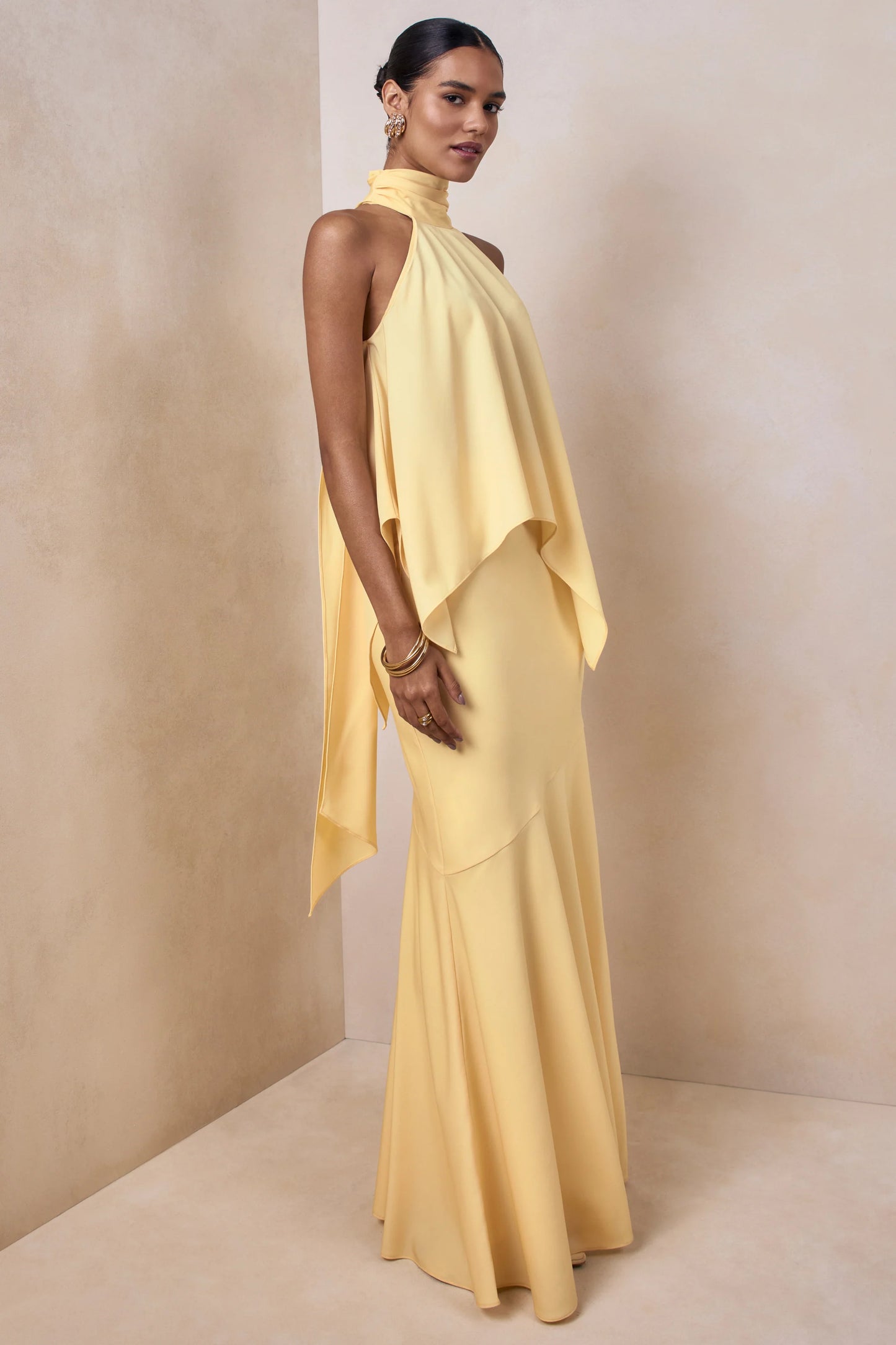 Vayla Lemon Matte Satin Asymmetric Drop-Waist Maxi Skirt