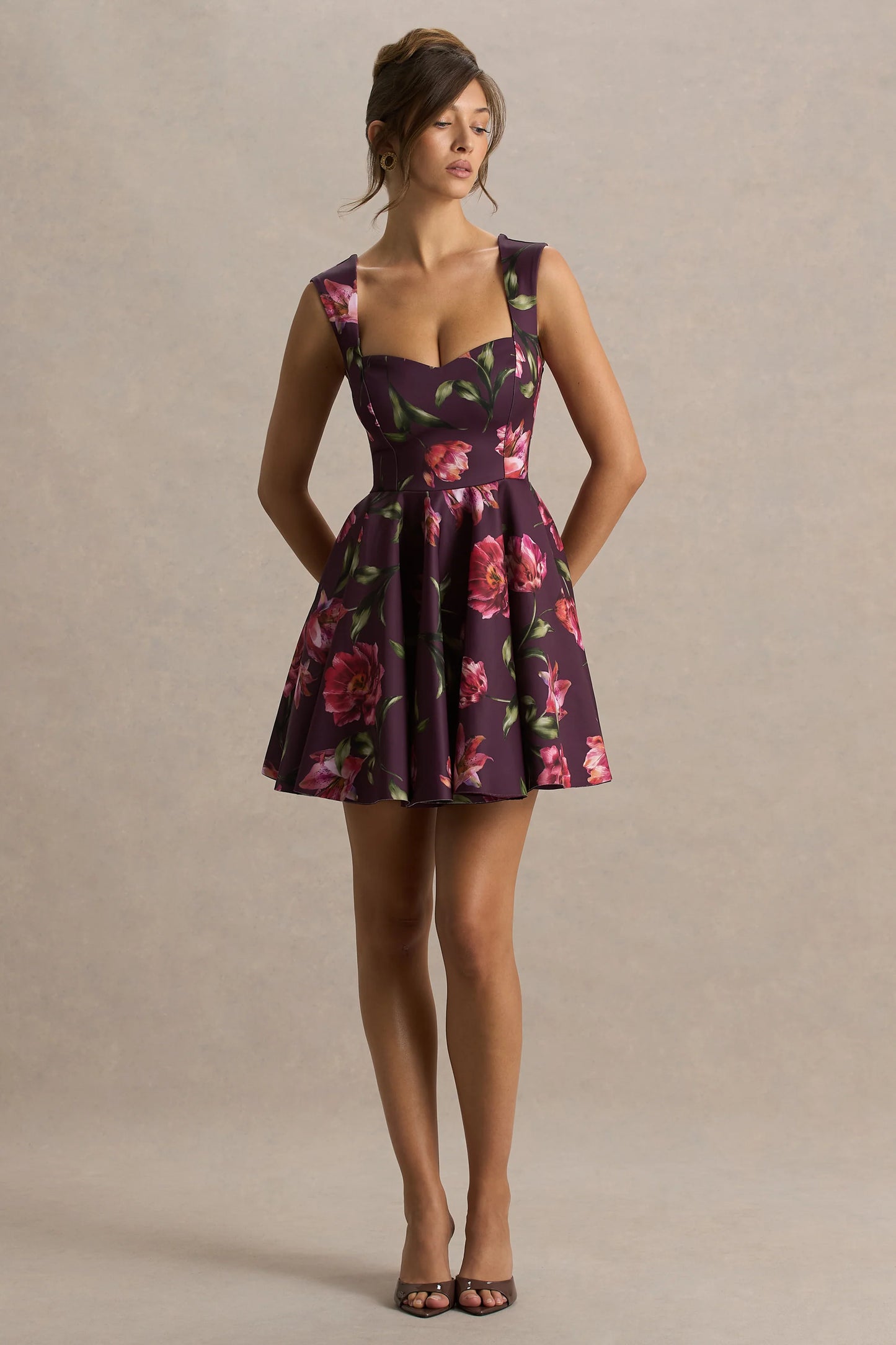 Magic Burgundy Floral Print Sweetheart-Neck Mini Dress.
