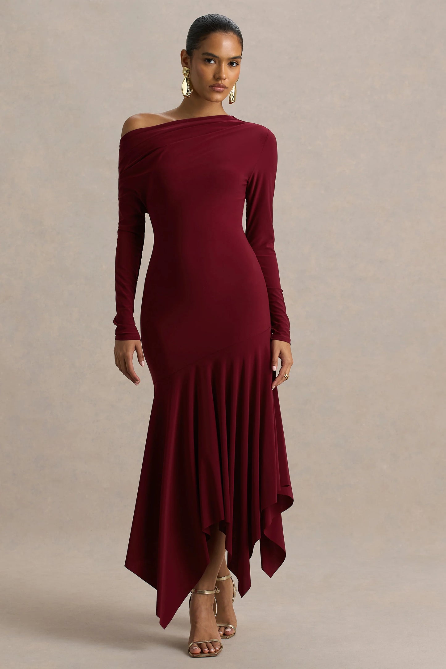 Isola Burgundy Asymmetric-Neck Midi Dress With Hanky-Hem