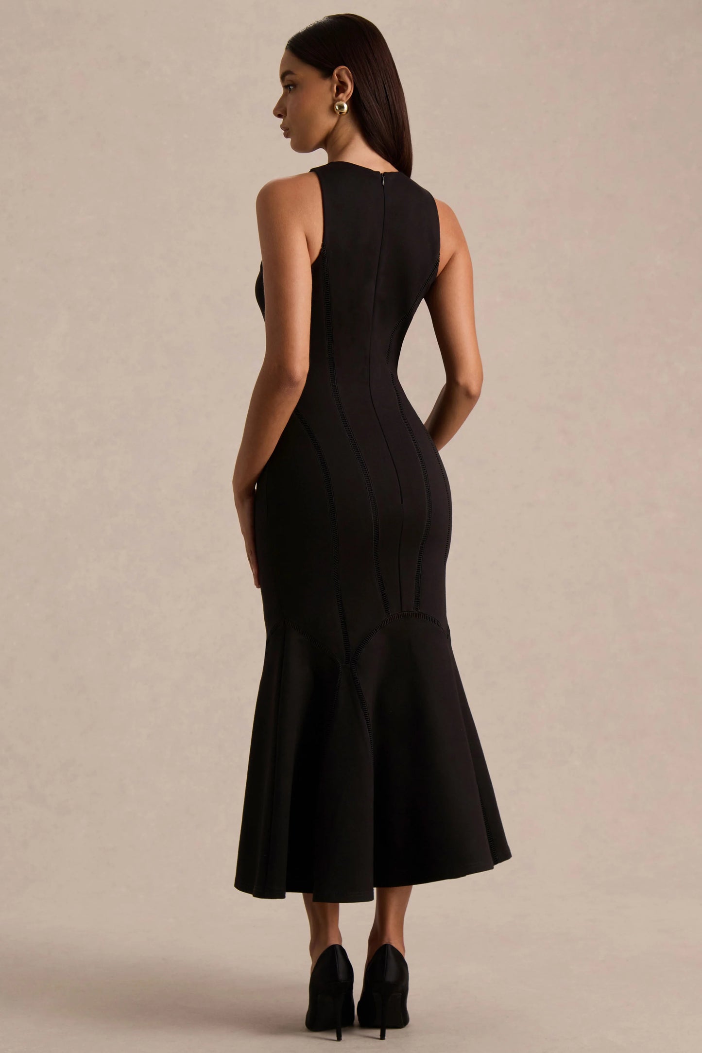 Sally Black Crew-Neck Midi Dress With Drop Waist And Pleated Detailing