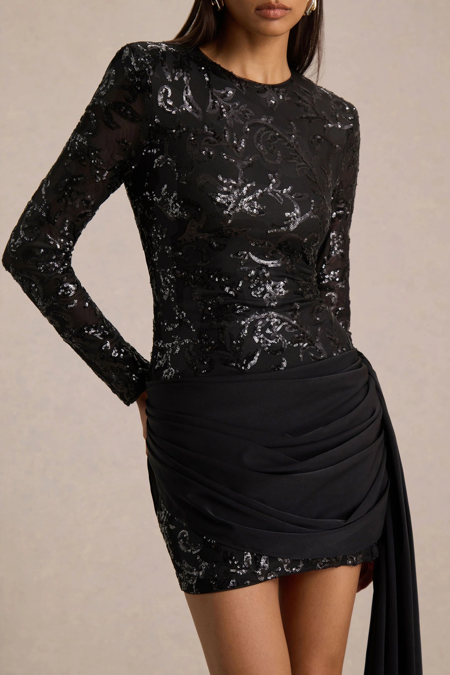Florecita Black Embellished Lace Crew-Neck Mini Dress With Sash Detail