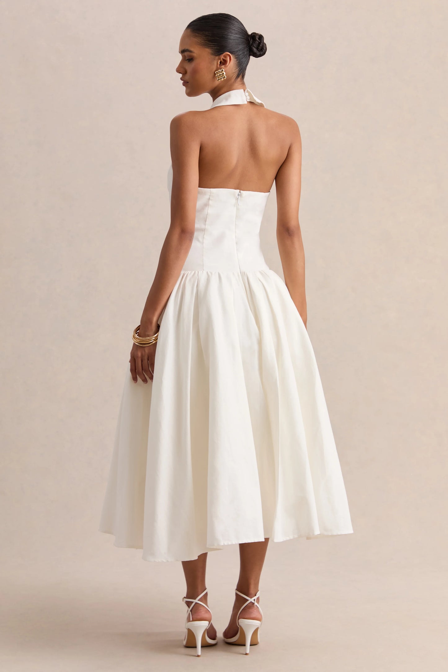 Ella White Plunge-Neck Midi Dress With Drop-Waist