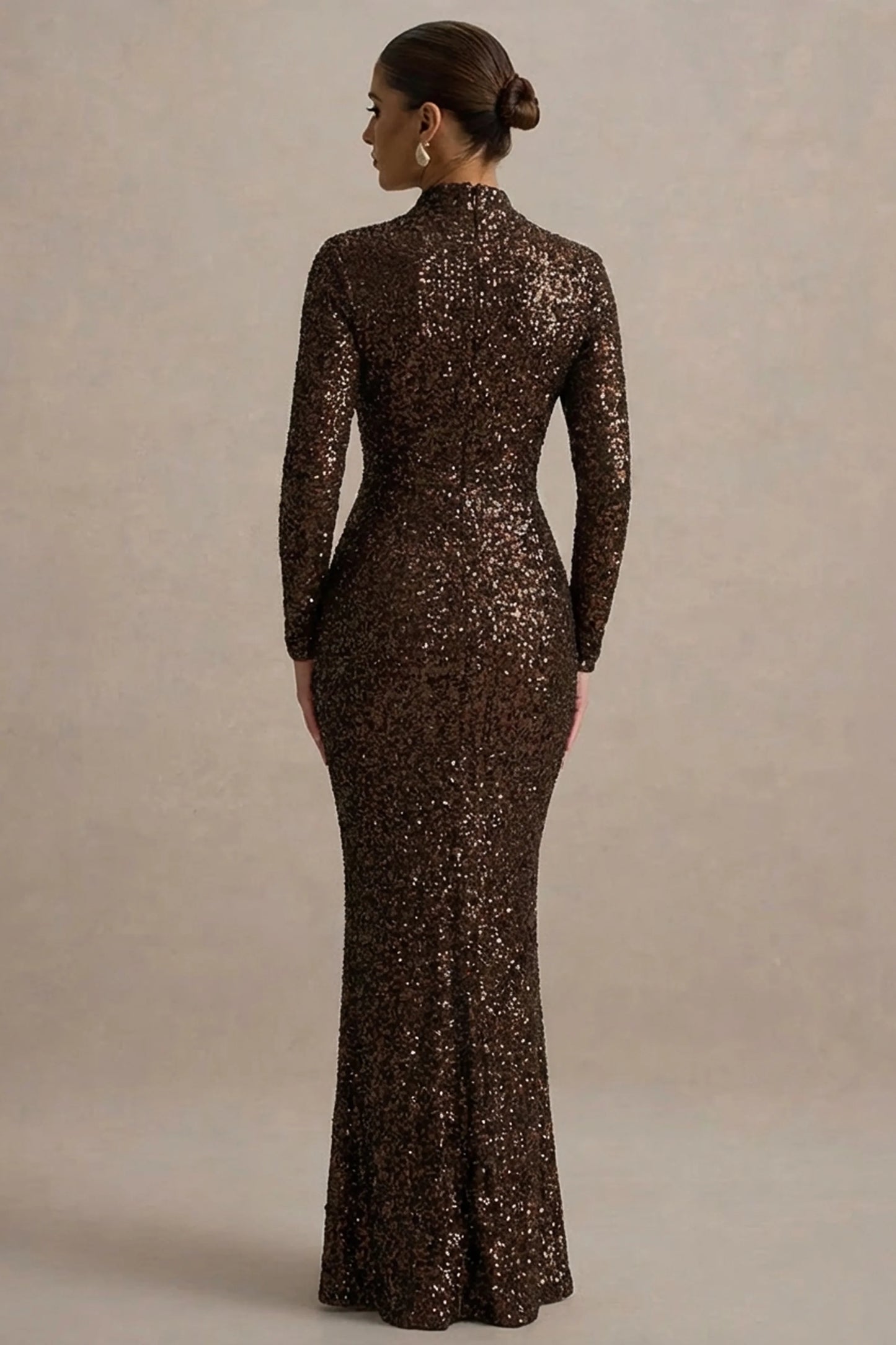 Galaxy Brown Sequin Turtle-Neck Long-Sleeve Maxi Dress