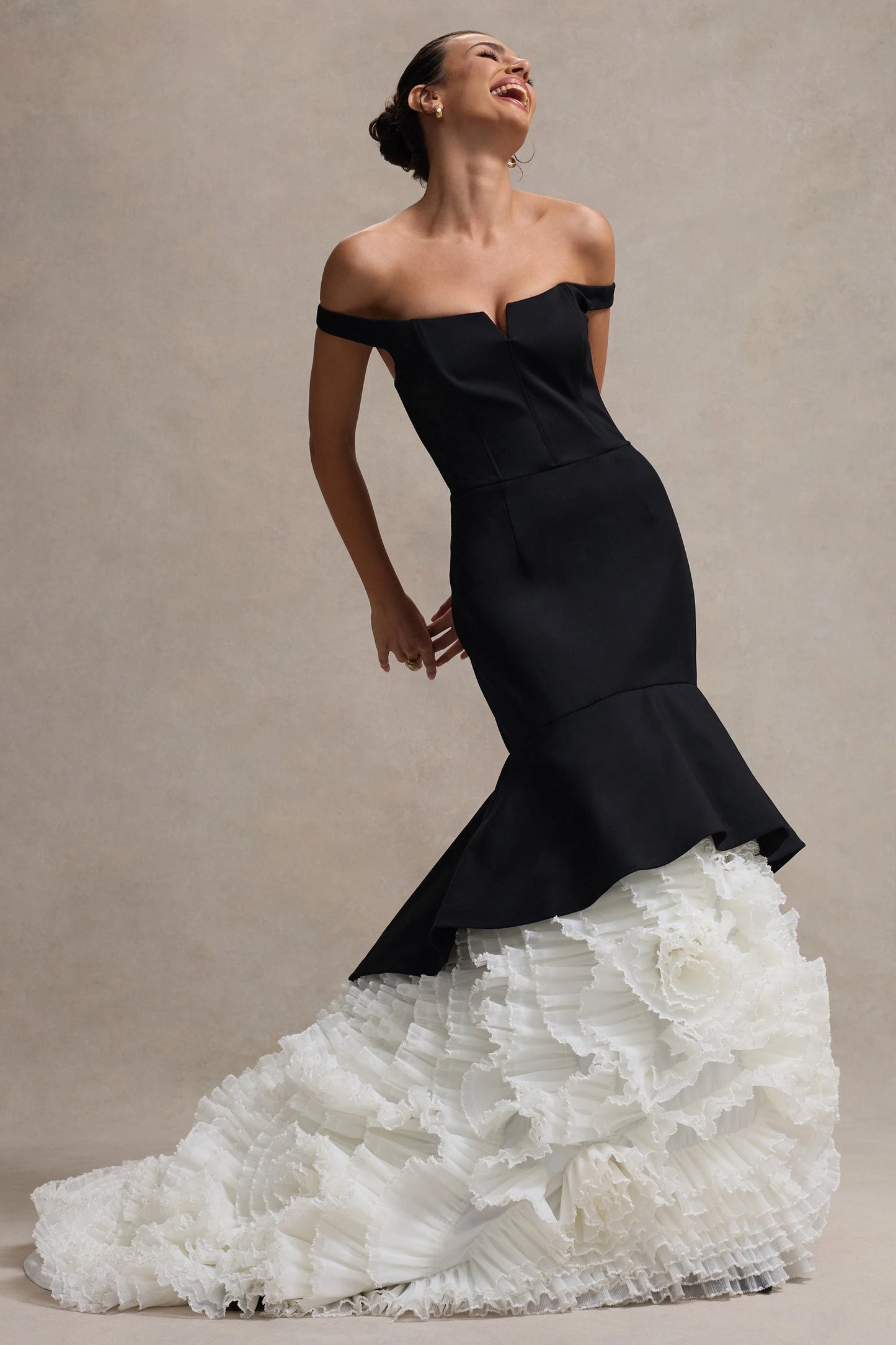 The Greatest Black & Cream Bardot Maxi Dress With Tulle Skirt