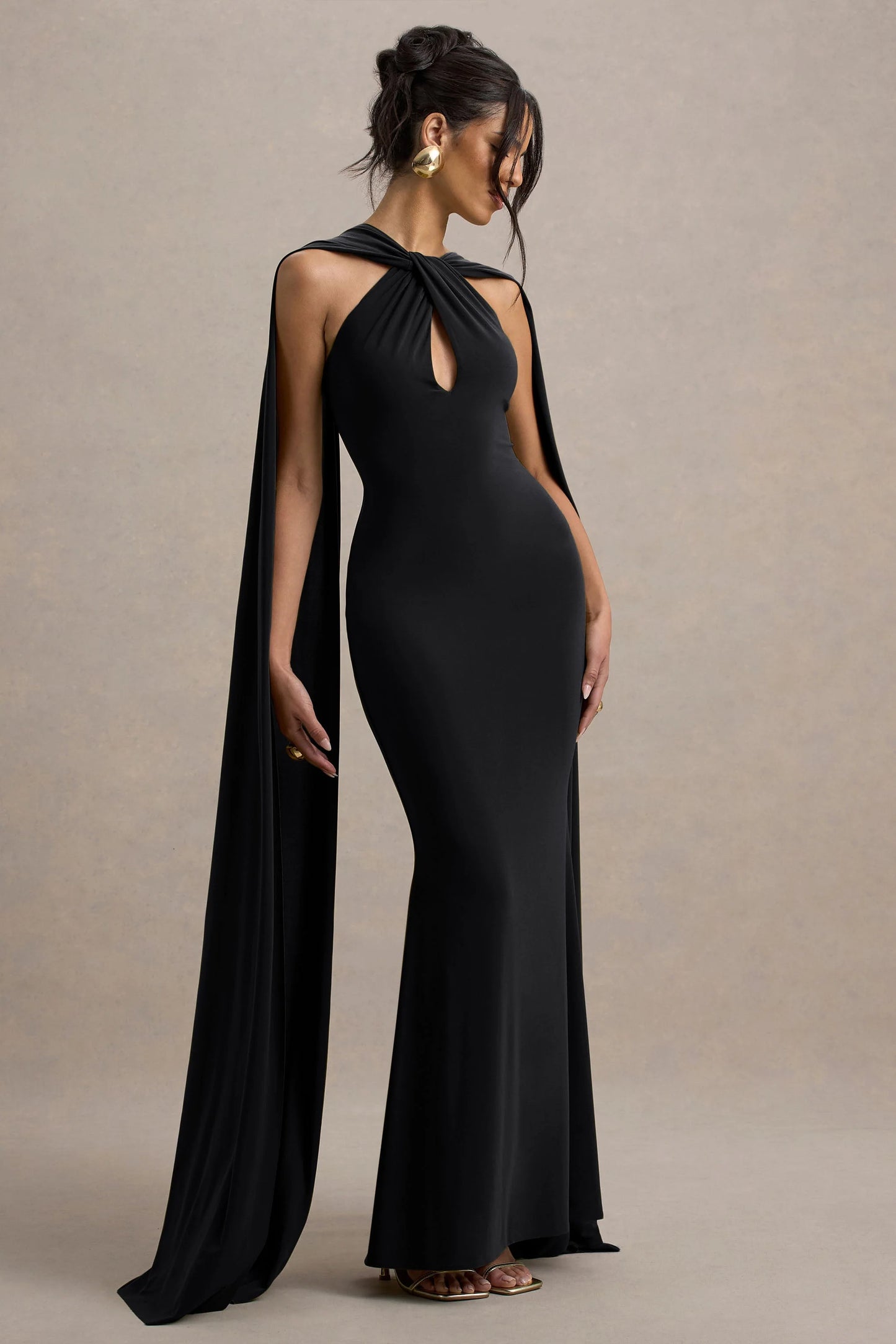 Rhoda Black Twist Halter-Neck Cape Maxi Dress