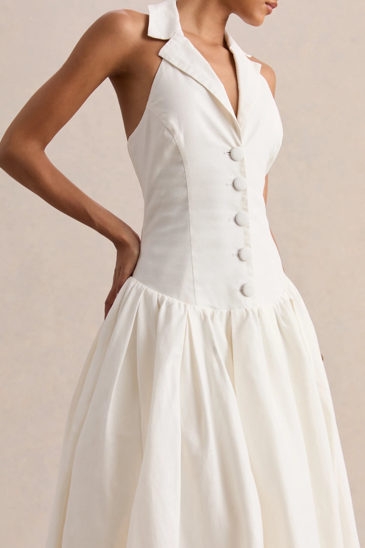 Ella White Plunge-Neck Midi Dress With Drop-Waist