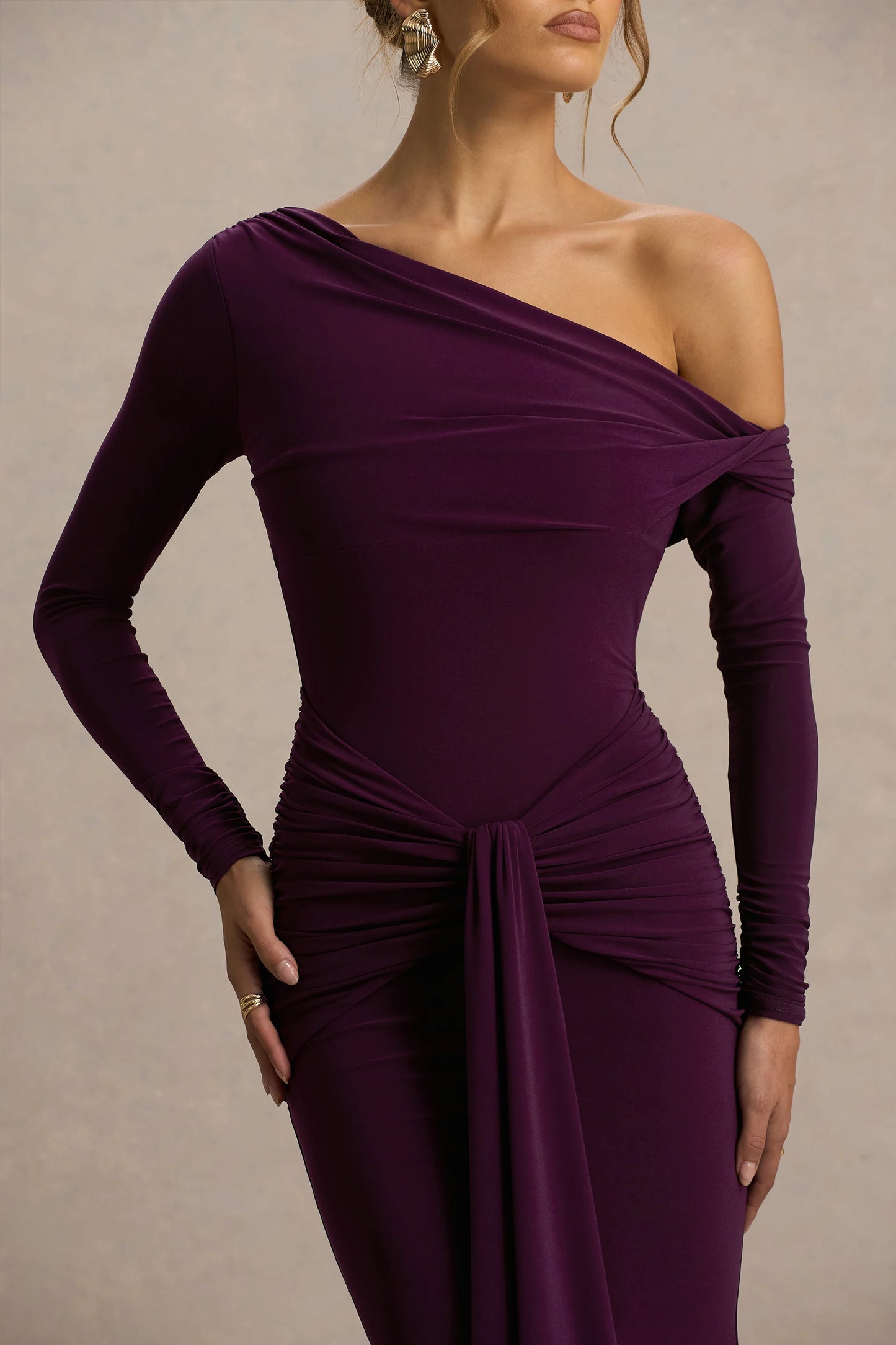 Clover Burgundy Asymmetric-Neck Wrapped Maxi Dress With Sash